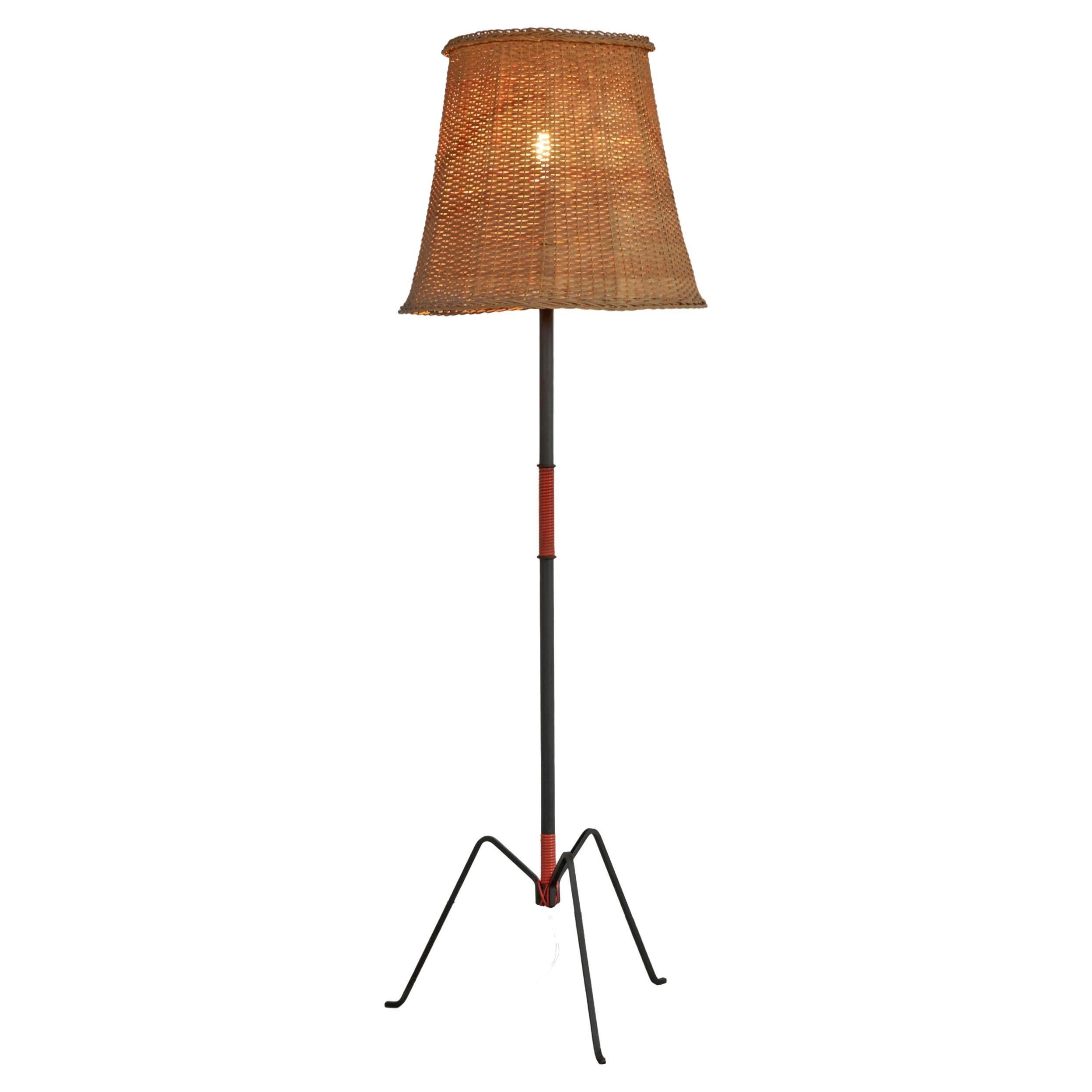 Highly Original French Floor Lamp in Metal and Rattan, 1950s