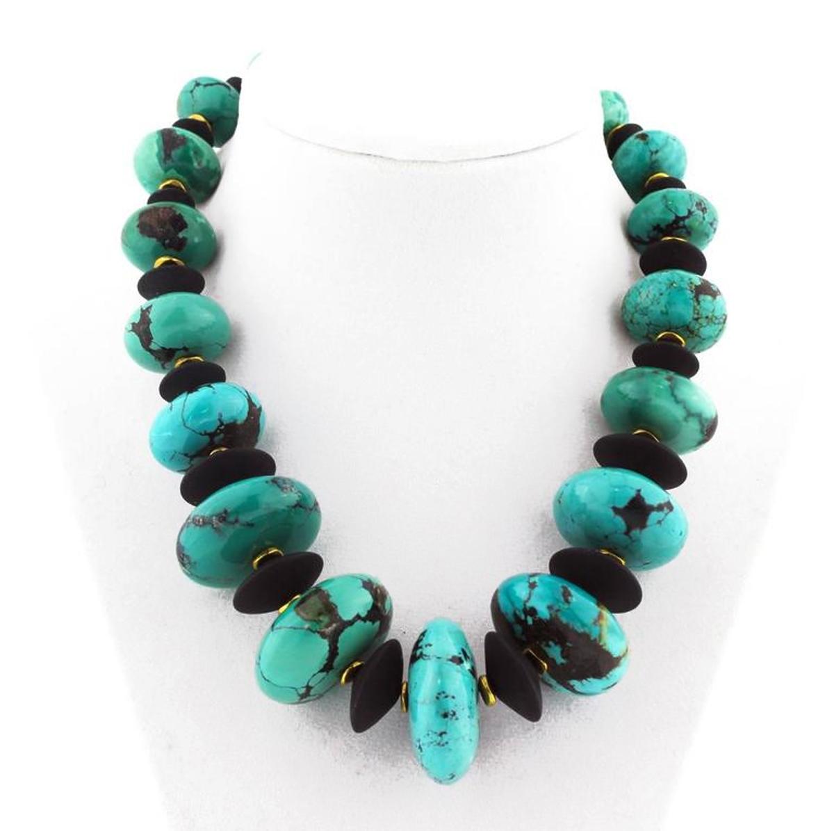 Mixed Cut AJD Dramatic Statement Natural Glowing American Turquoise & Black Onyx Necklace For Sale