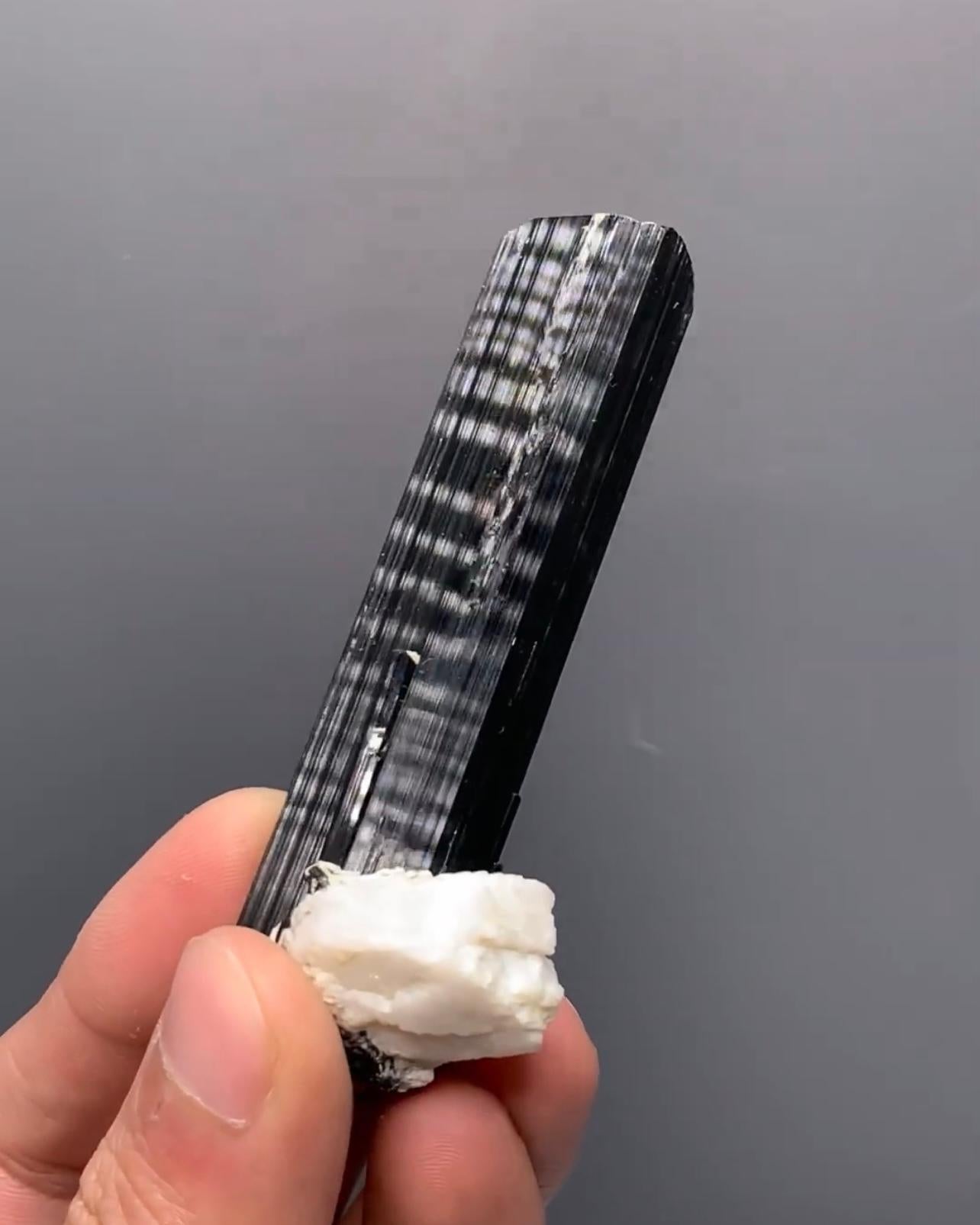 Highly Striated Schorl Black Tourmaline With Albite Matrix From Pakistan In Good Condition For Sale In Peshawar, PK