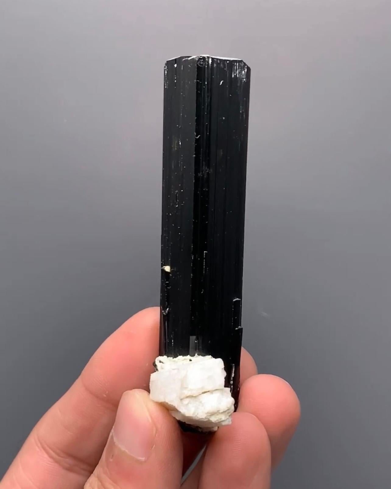Contemporary Highly Striated Schorl Black Tourmaline With Albite Matrix From Pakistan For Sale
