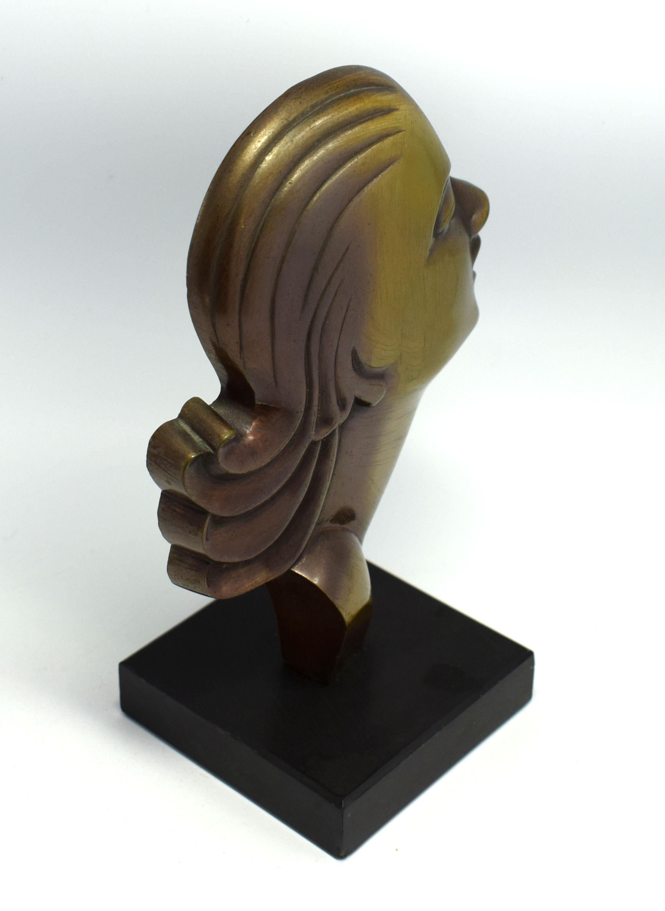 Highly Styled French Brass Art Deco Bust, French, circa 1930 In Good Condition In Devon, England