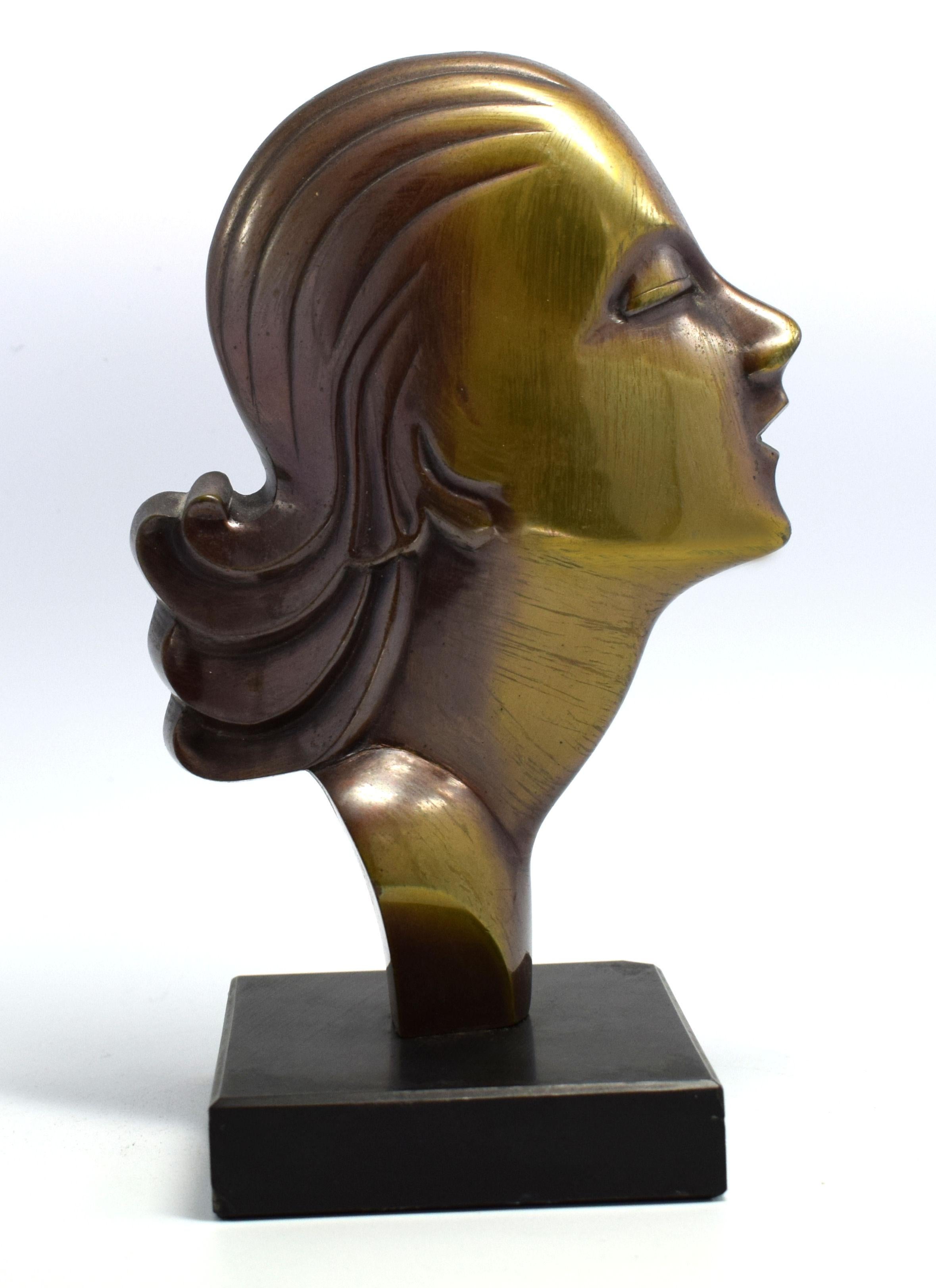 Highly Styled French Brass Art Deco Bust, French, circa 1930 3