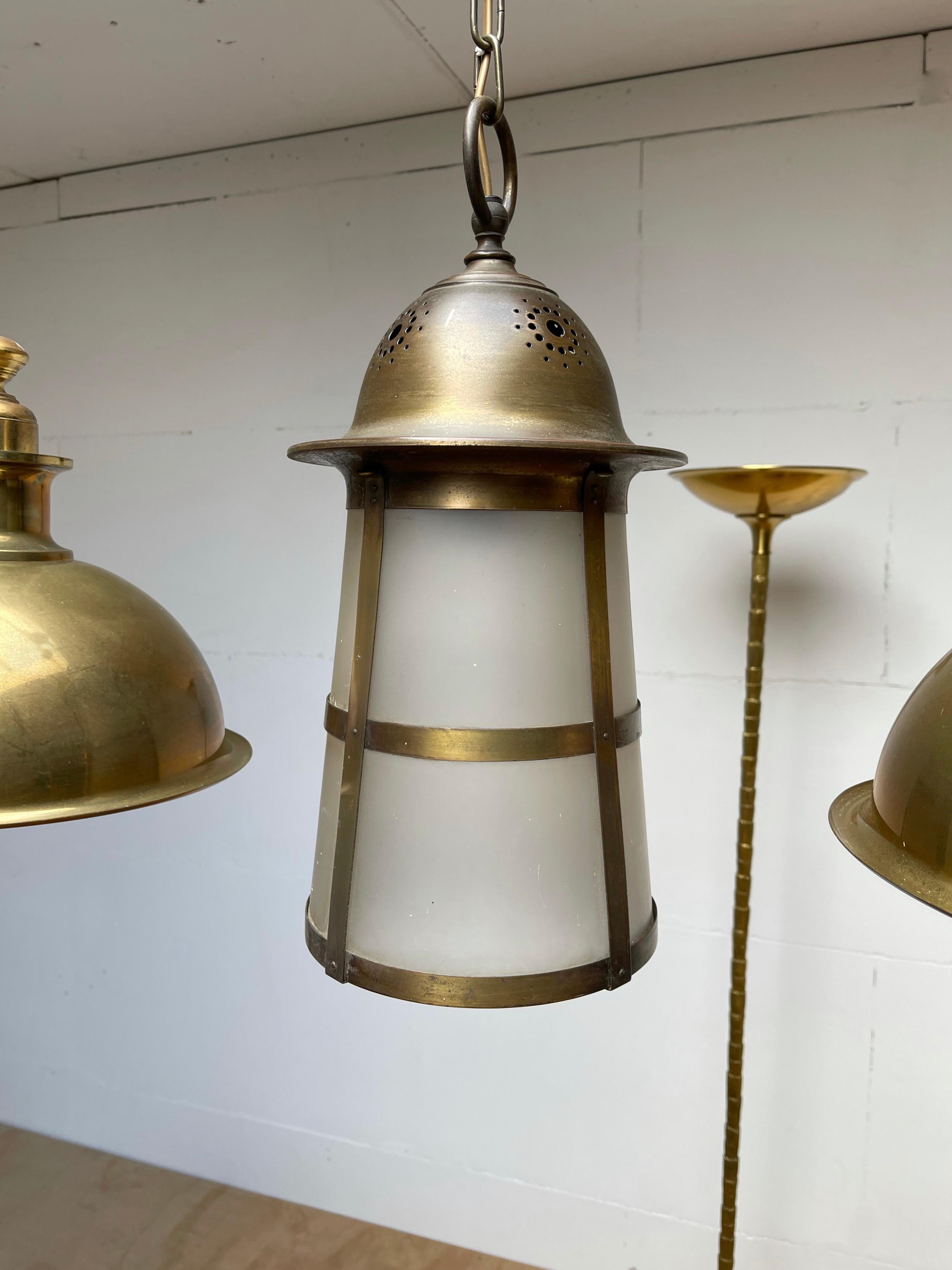 Hand-Crafted Highly Stylish Brass and Glass Arts & Crafts Pendant Light, 1910 Berlage Style