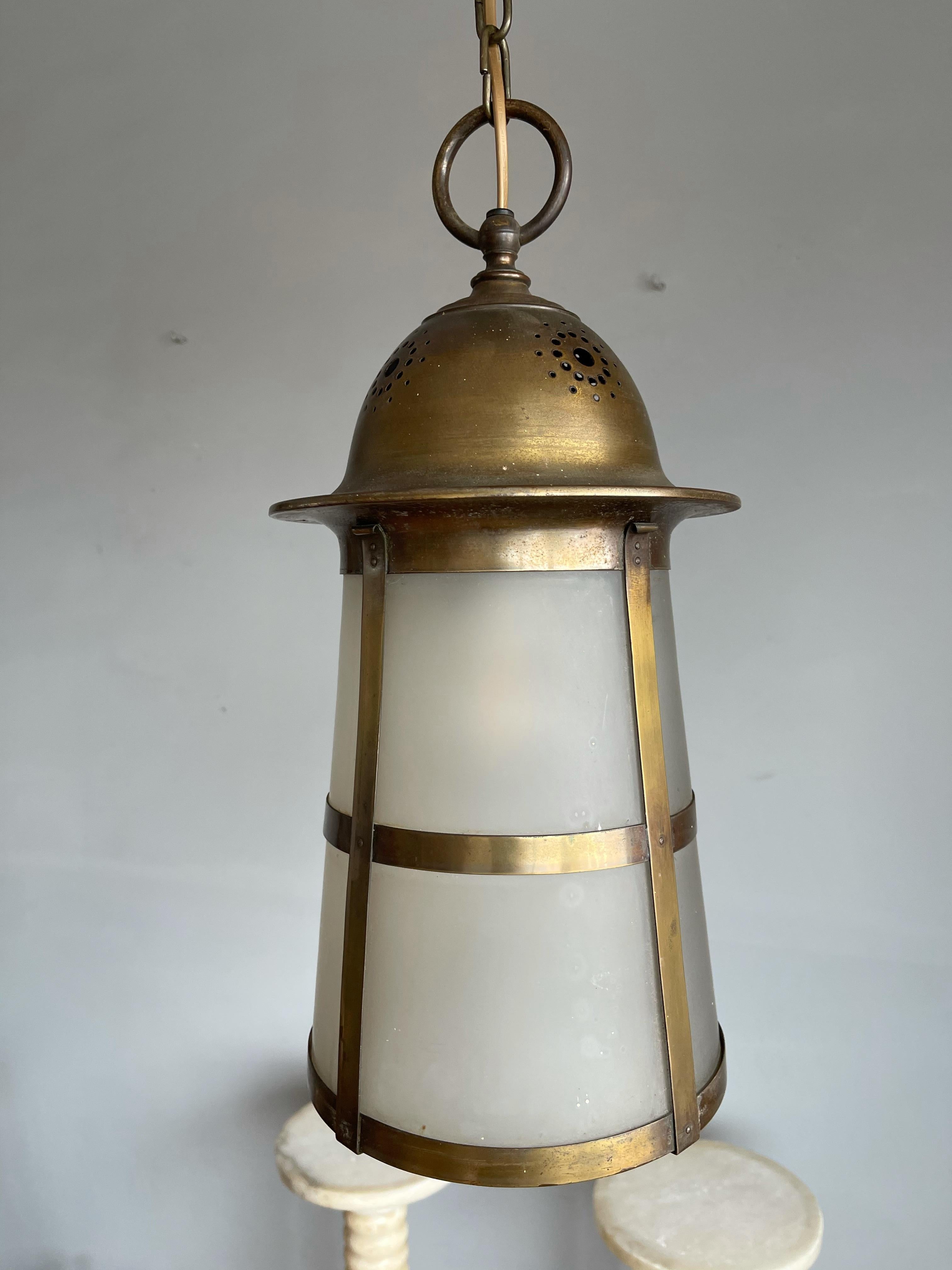 20th Century Highly Stylish Brass and Glass Arts & Crafts Pendant Light, 1910 Berlage Style