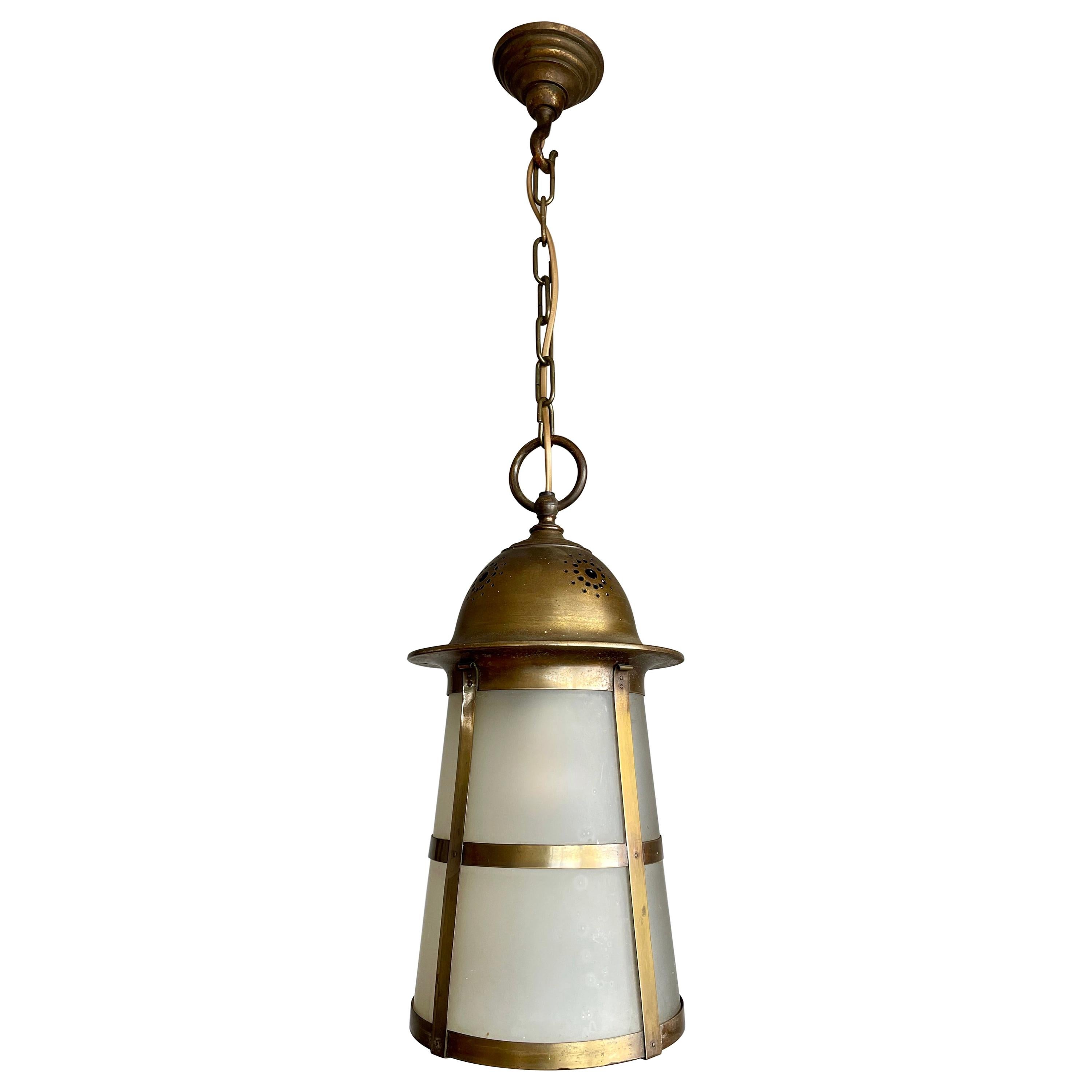 Highly Stylish Brass and Glass Arts & Crafts Pendant Light, 1910 Berlage Style