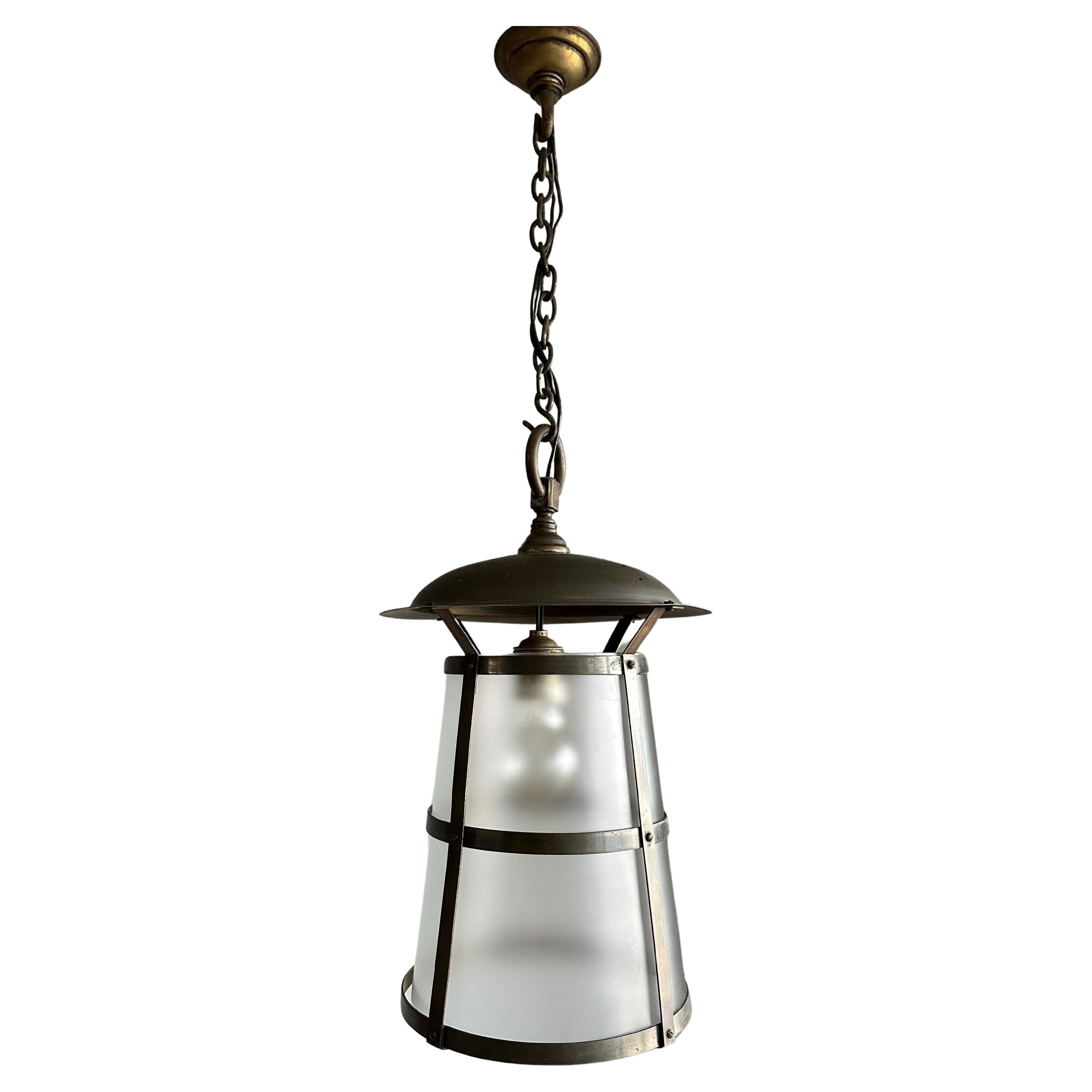 Highly Stylish Brass and Glass Arts & Crafts Pendant Light, 1910 Berlage Style For Sale