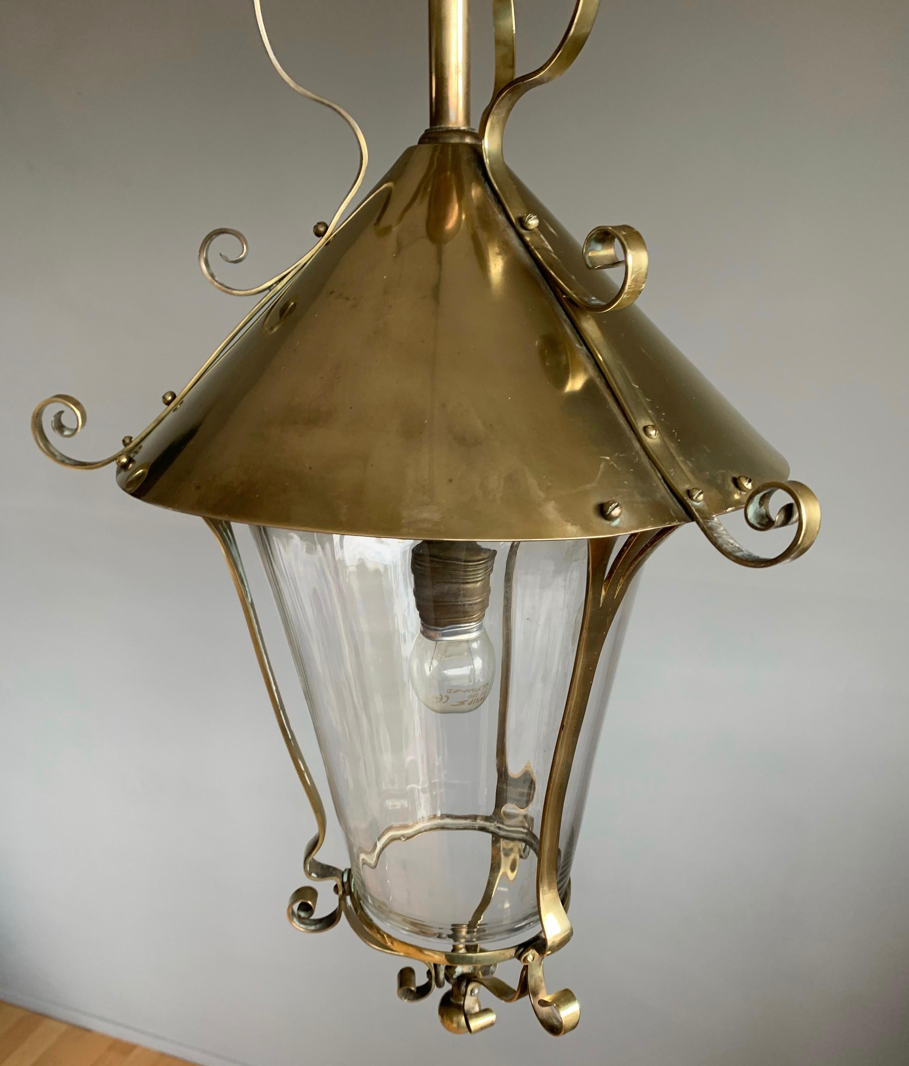 Highly Stylish Brass & Clear Glass Arts and Crafts Pendant / Light Fixture, 1910 5