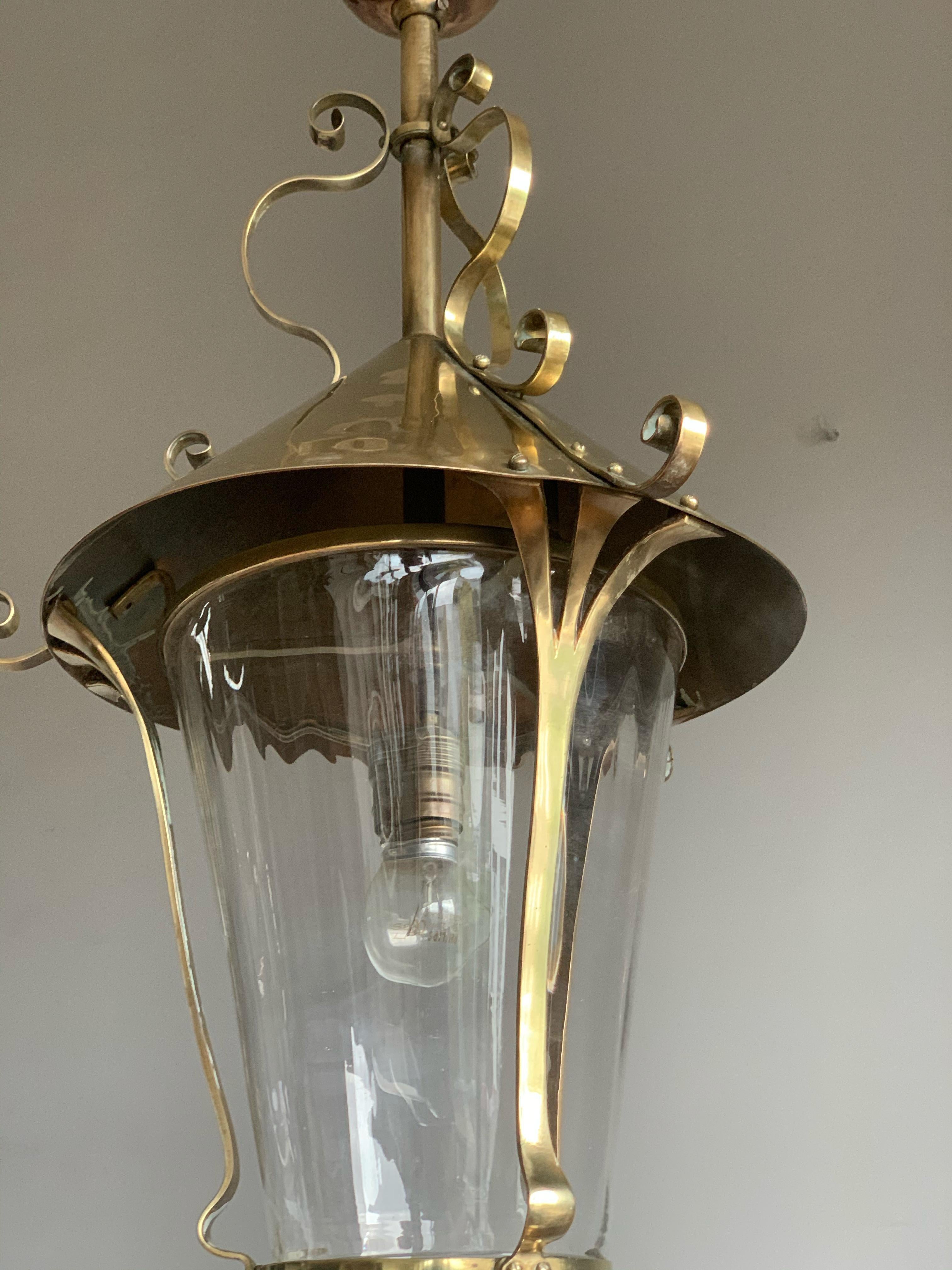 Highly Stylish Brass & Clear Glass Arts and Crafts Pendant / Light Fixture, 1910 6