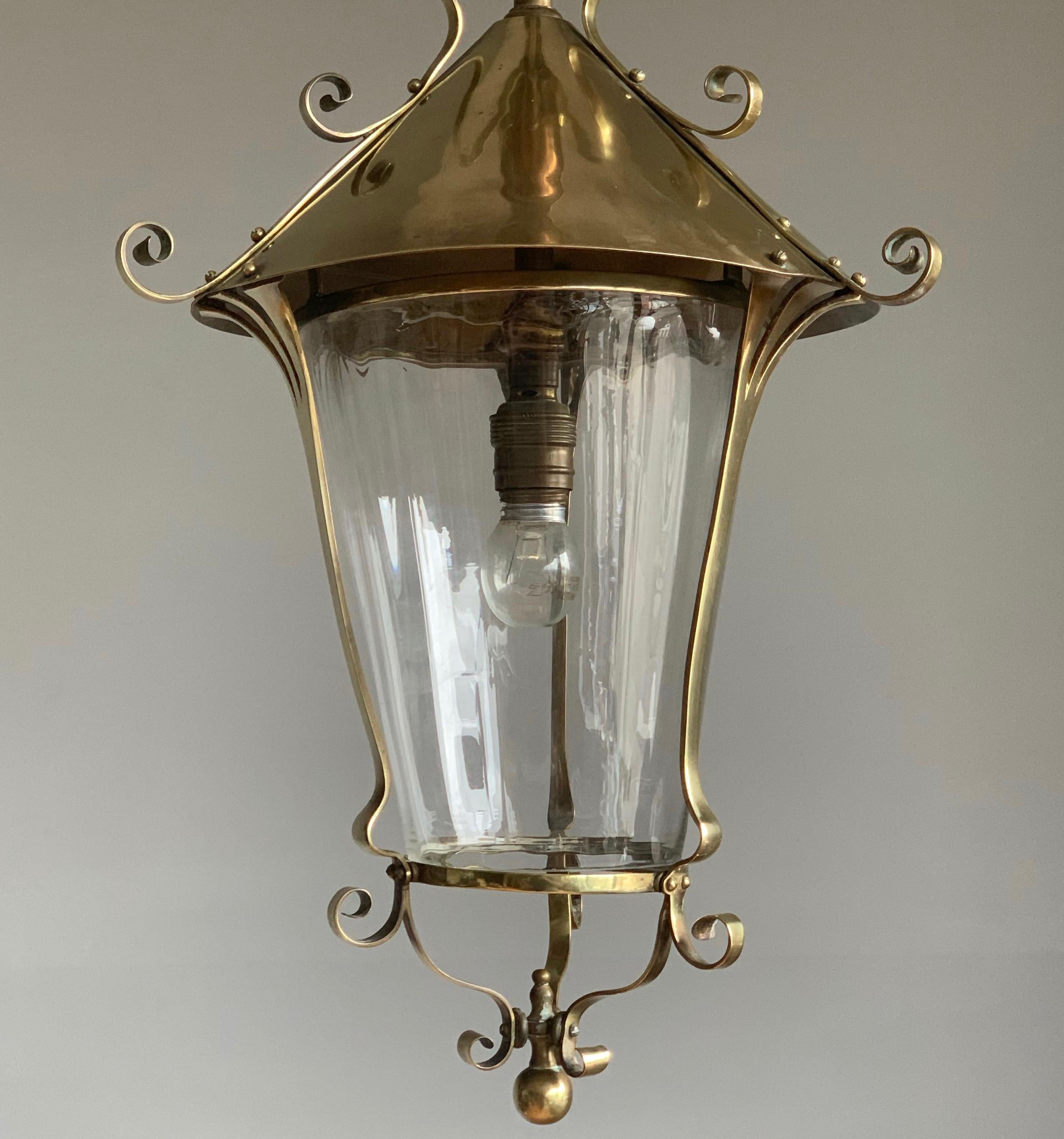 Highly Stylish Brass & Clear Glass Arts and Crafts Pendant / Light Fixture, 1910 12