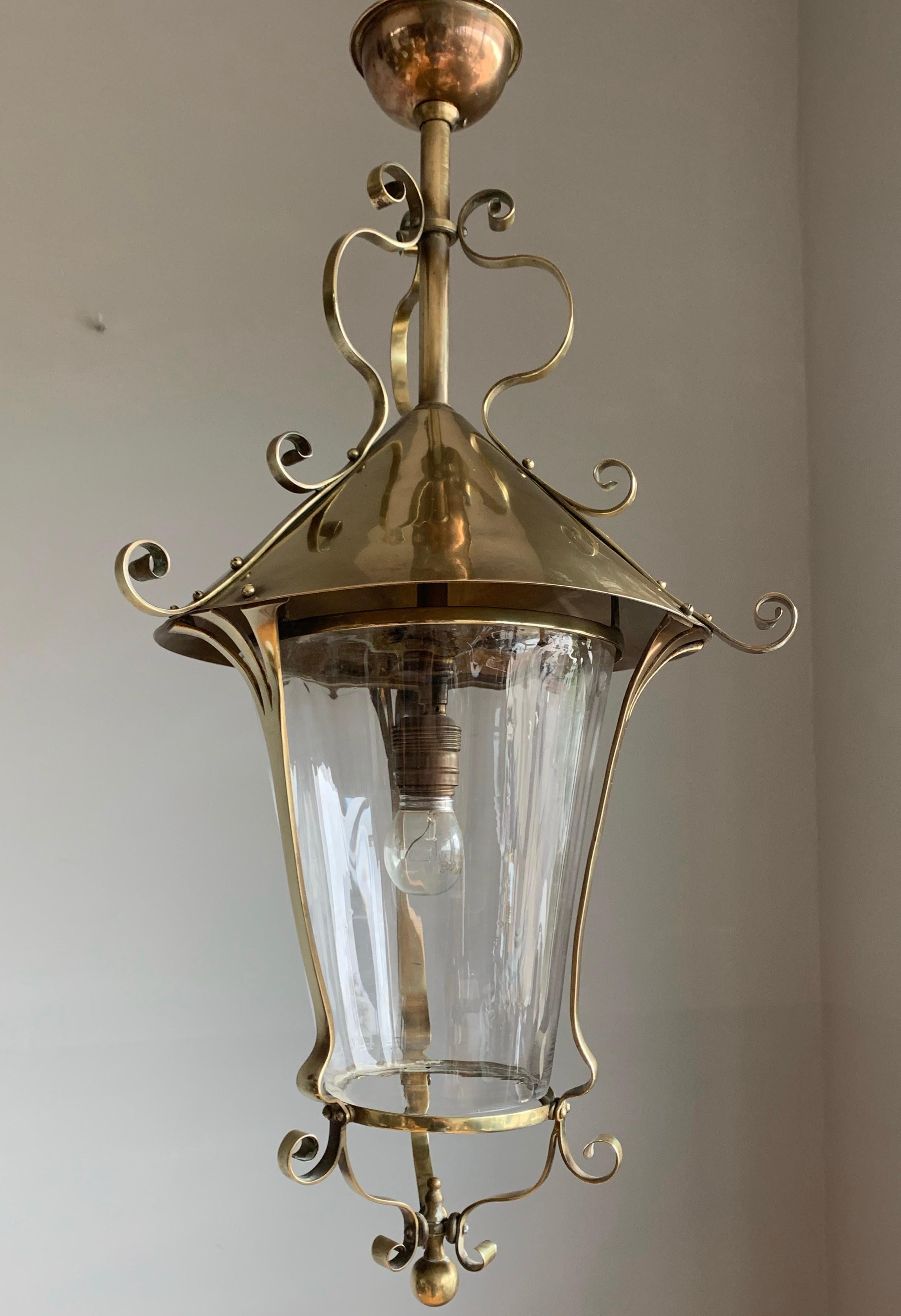 Highly Stylish Brass & Clear Glass Arts and Crafts Pendant / Light Fixture, 1910 13