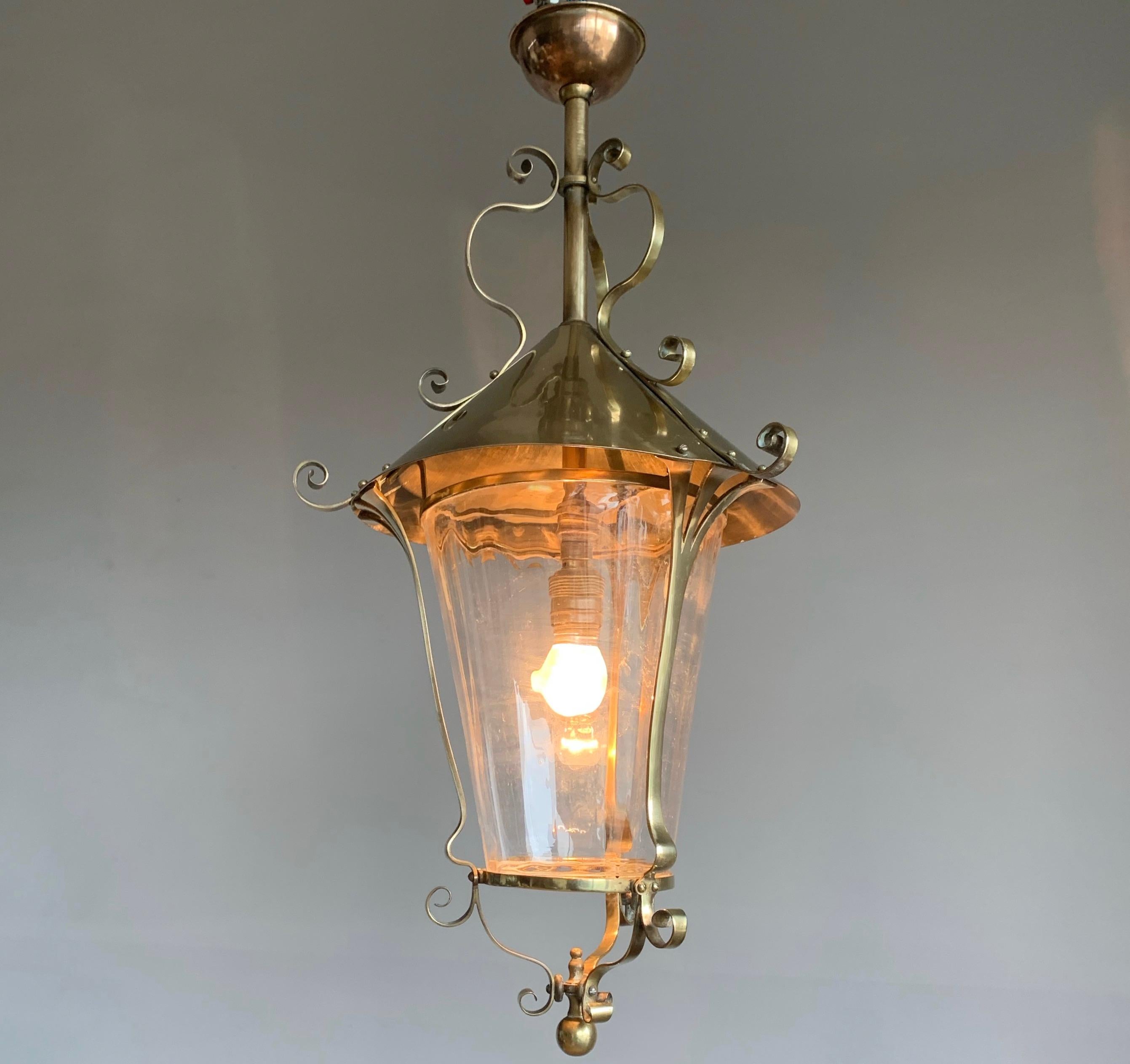 Art Nouveau Highly Stylish Brass & Clear Glass Arts and Crafts Pendant / Light Fixture, 1910