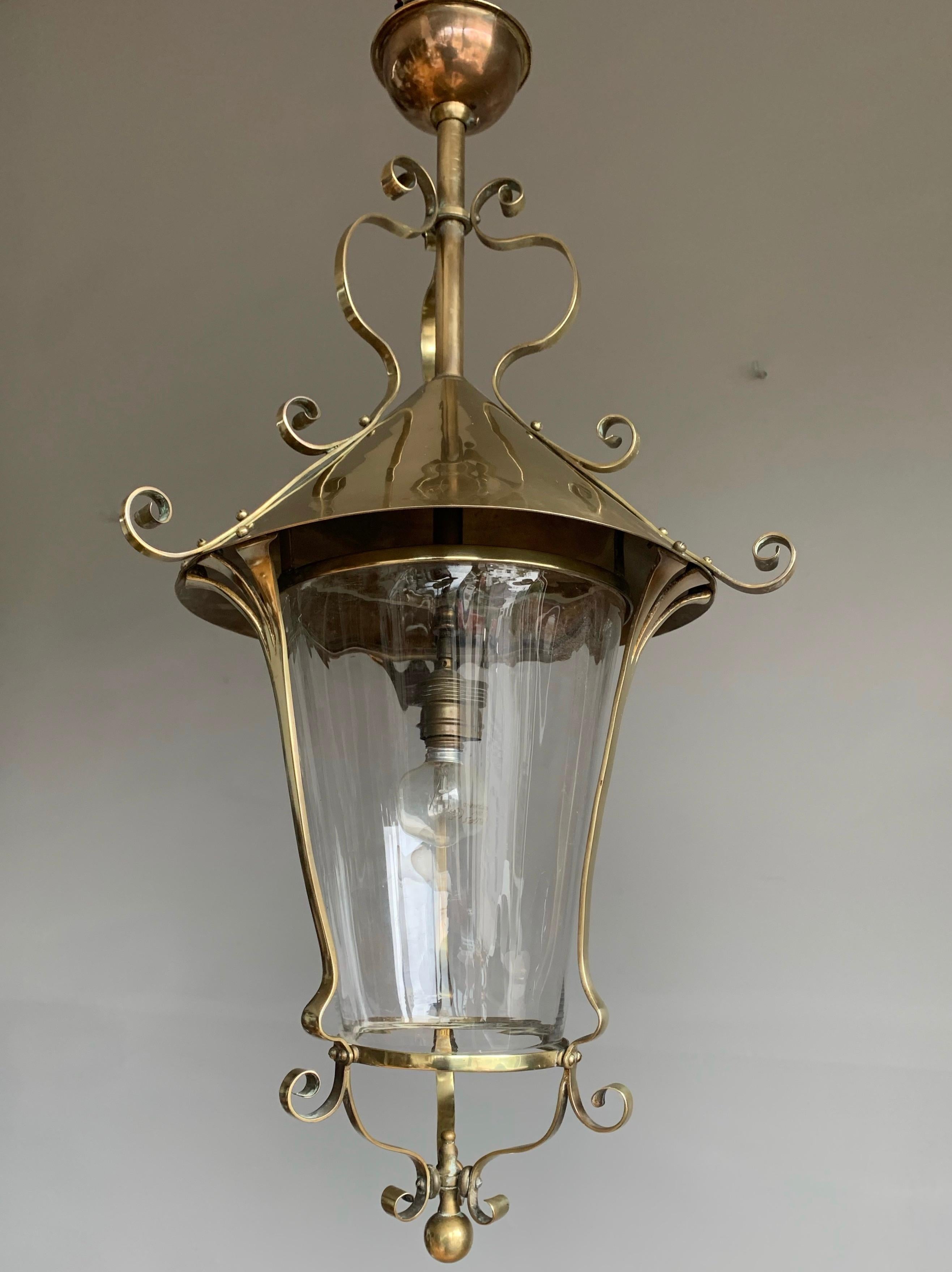 Hand-Crafted Highly Stylish Brass & Clear Glass Arts and Crafts Pendant / Light Fixture, 1910