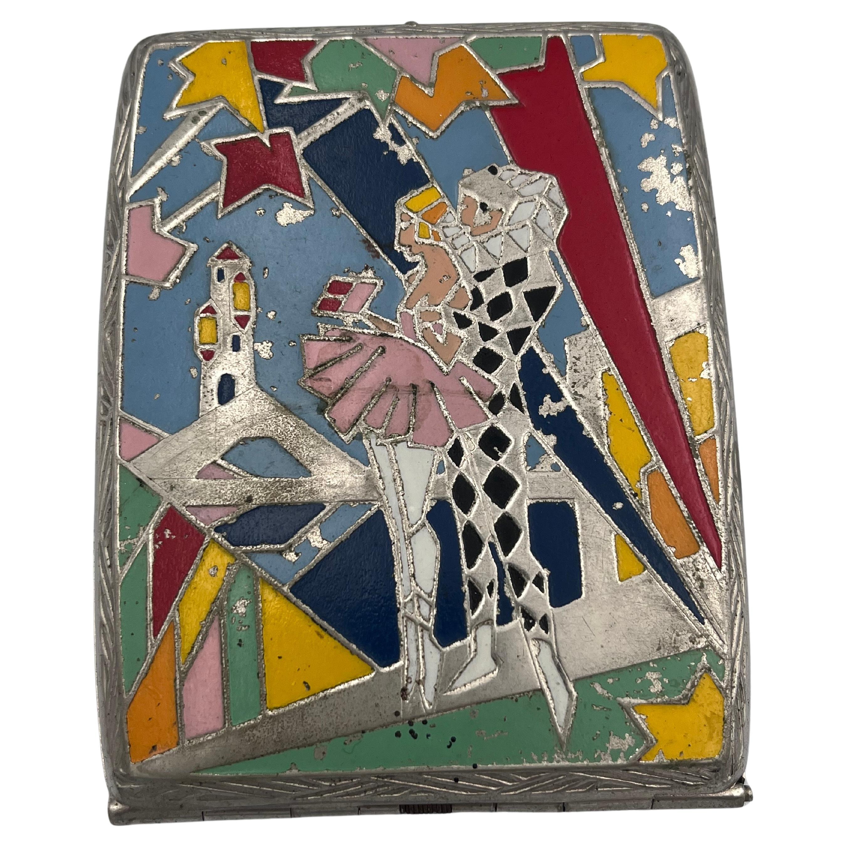 Etui à cigarettes très inhabituel Art Déco 1930 Arlequin et Ballerine Fantasy en vente