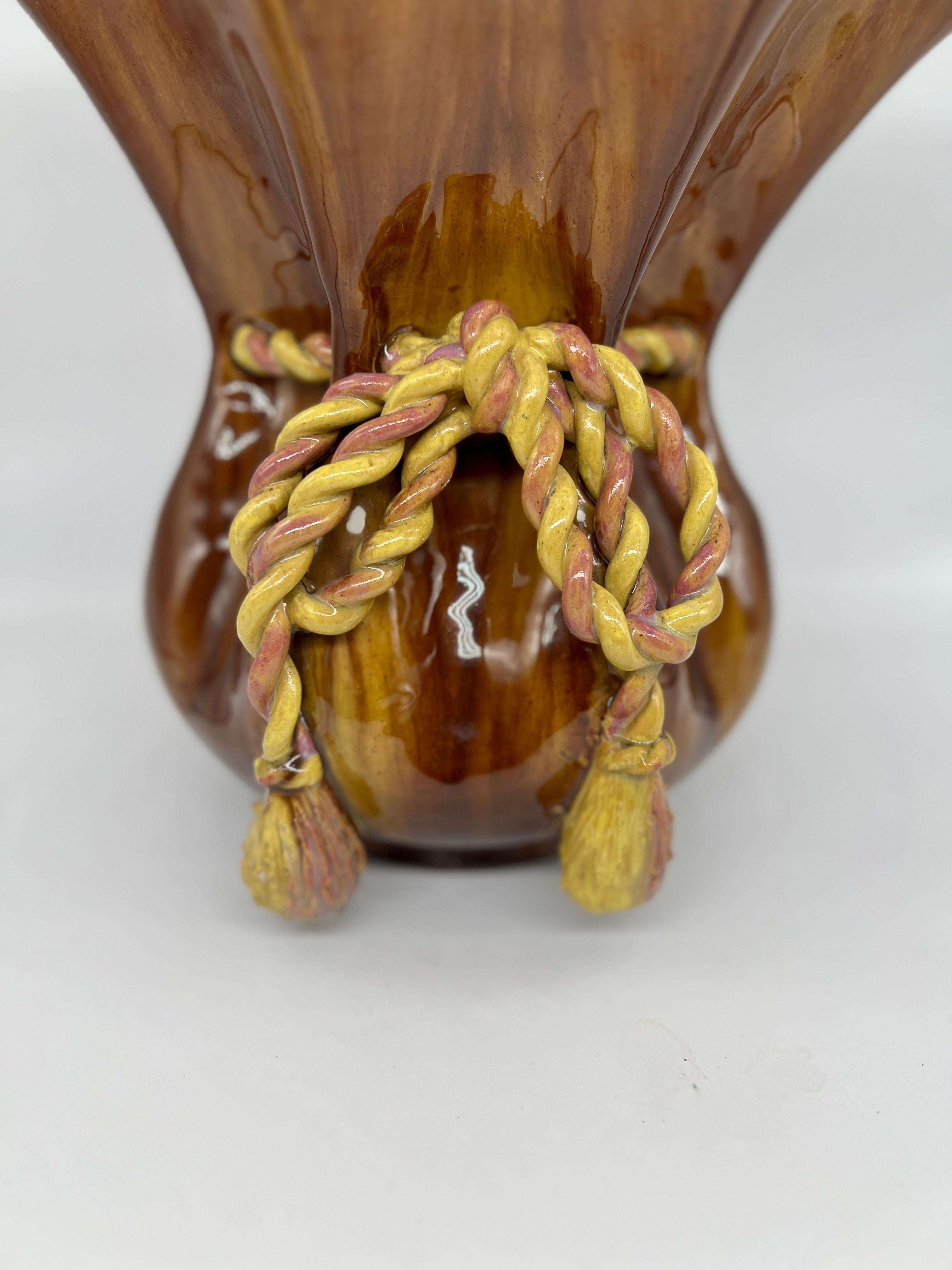 Highly Unusual French Majolica Rope Twist Vase or Jardiniere  In Good Condition For Sale In Atlanta, GA