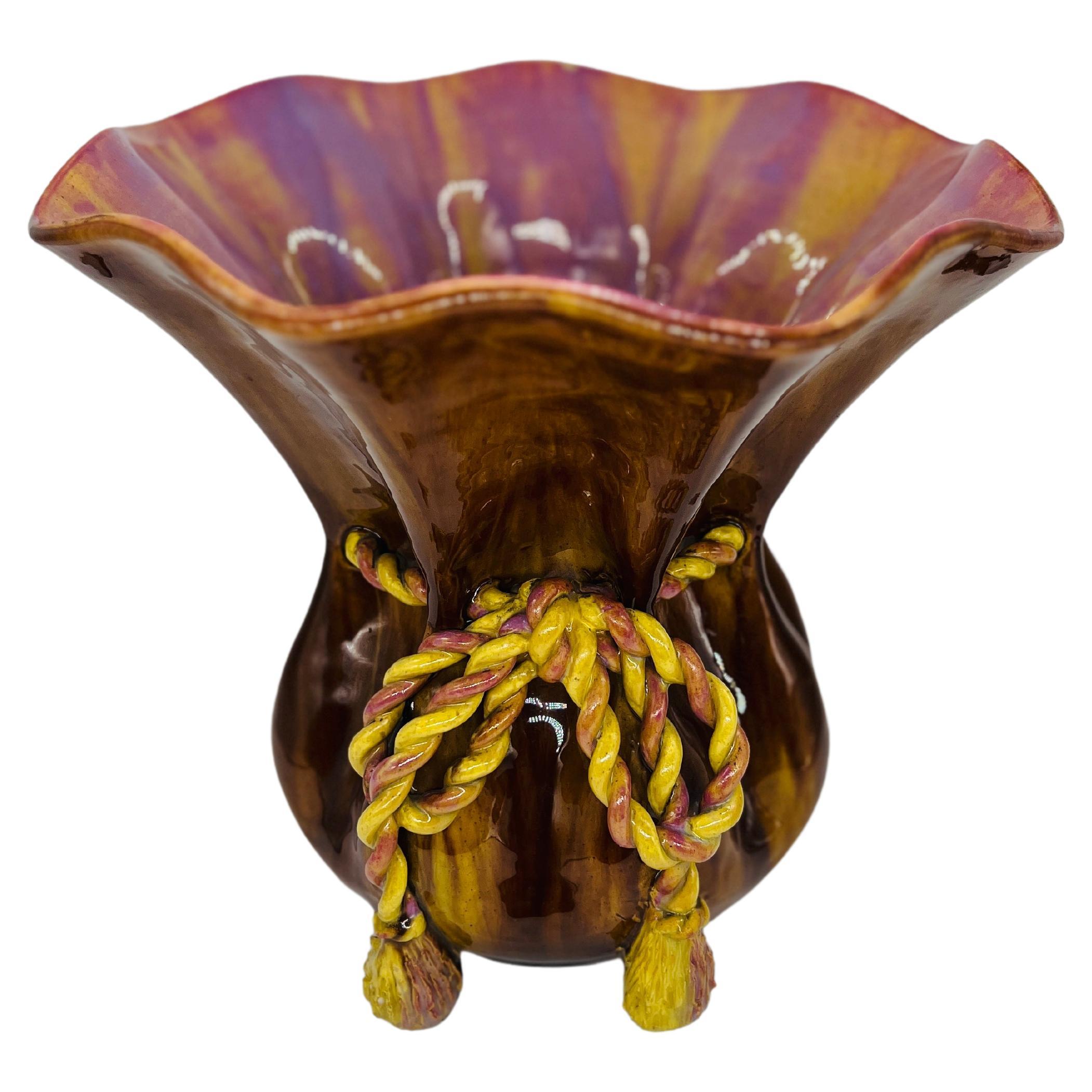 Highly Unusual French Majolica Rope Twist Vase or Jardiniere 