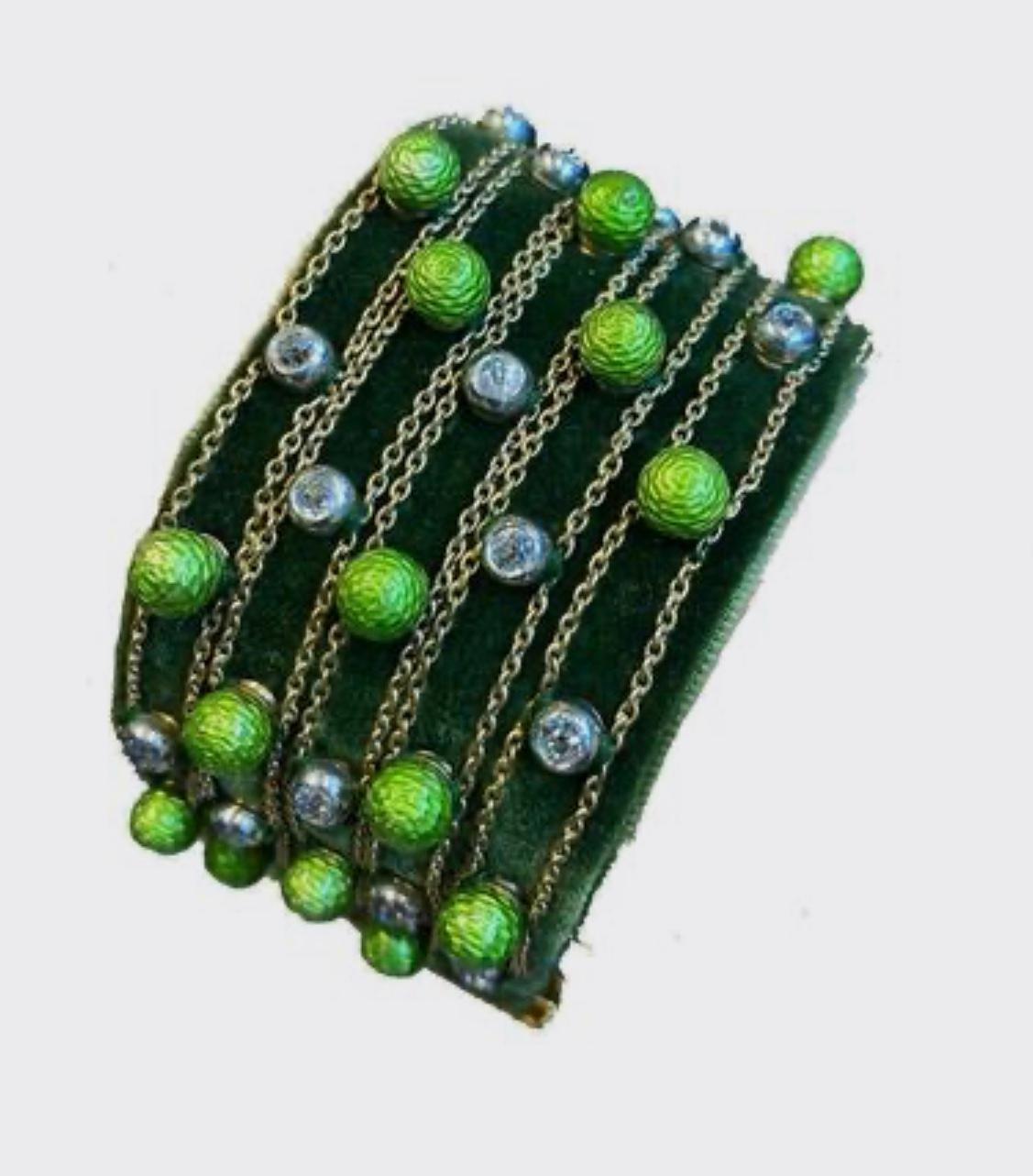 Round Cut Highly Unusual Green Enamel and Diamond on Silk Bracelet by Cartier Paris For Sale