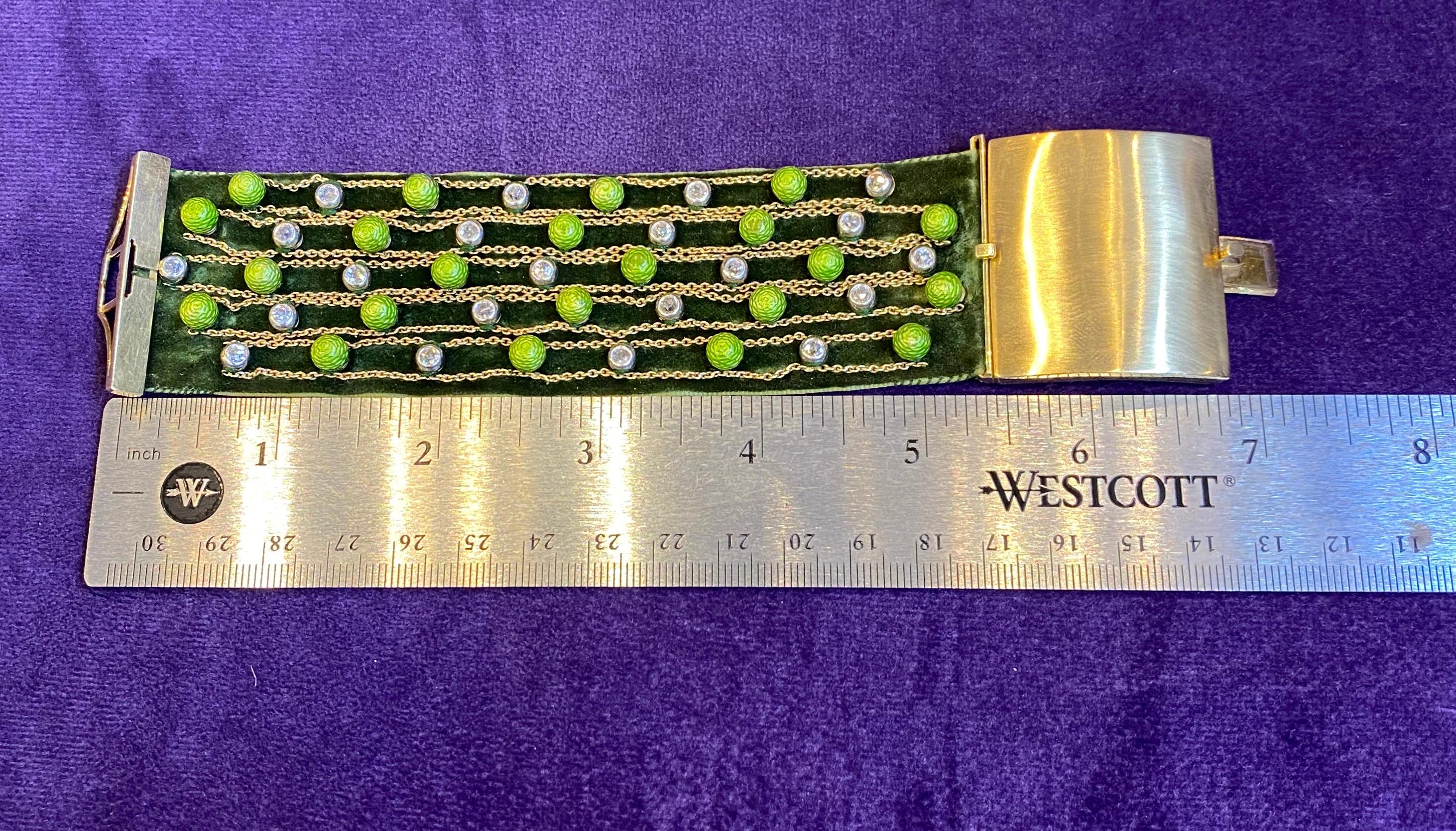 Highly Unusual Green Enamel and Diamond on Silk Bracelet by Cartier Paris In Excellent Condition For Sale In New York, NY