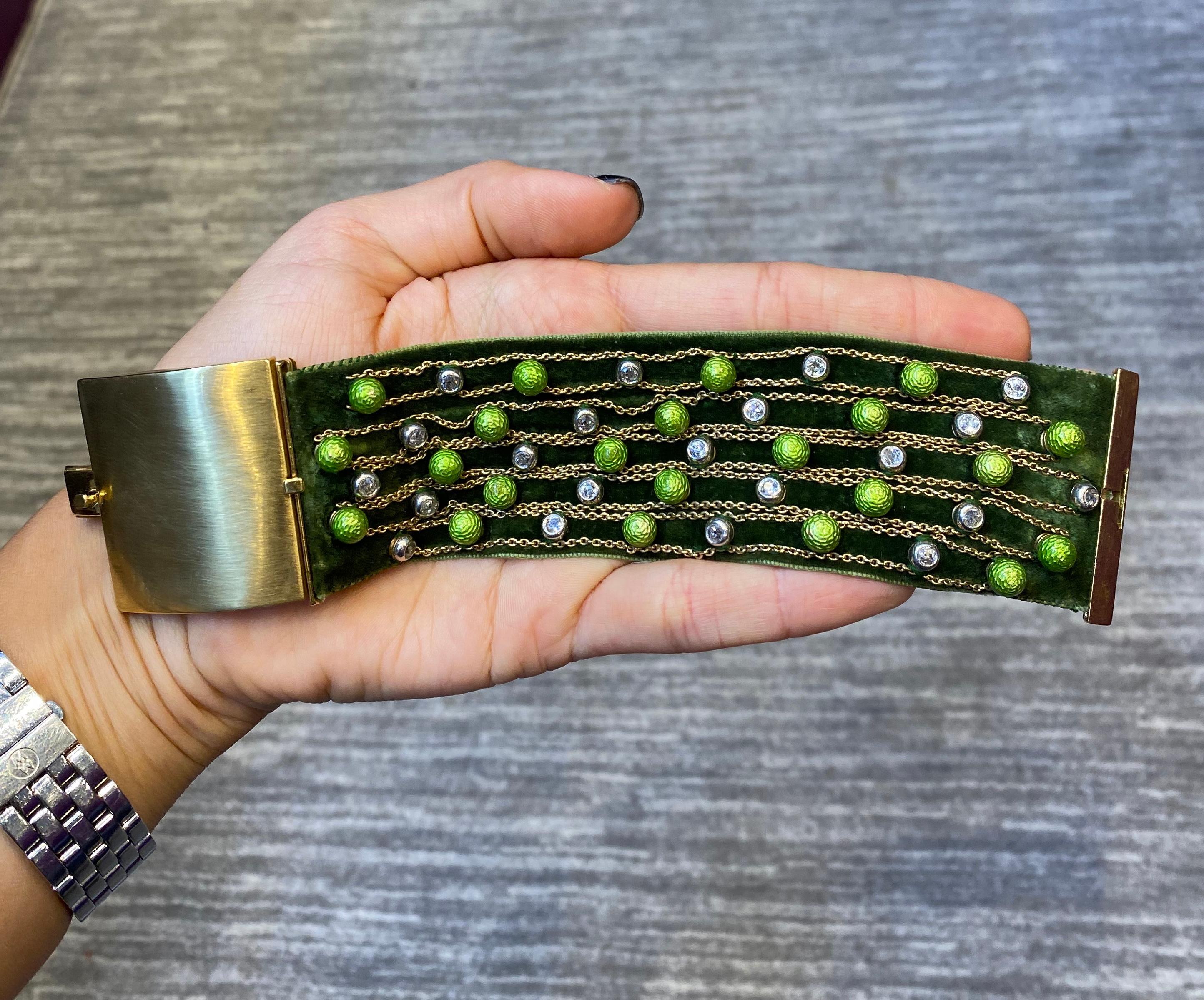 Women's Highly Unusual Green Enamel and Diamond on Silk Bracelet by Cartier Paris For Sale