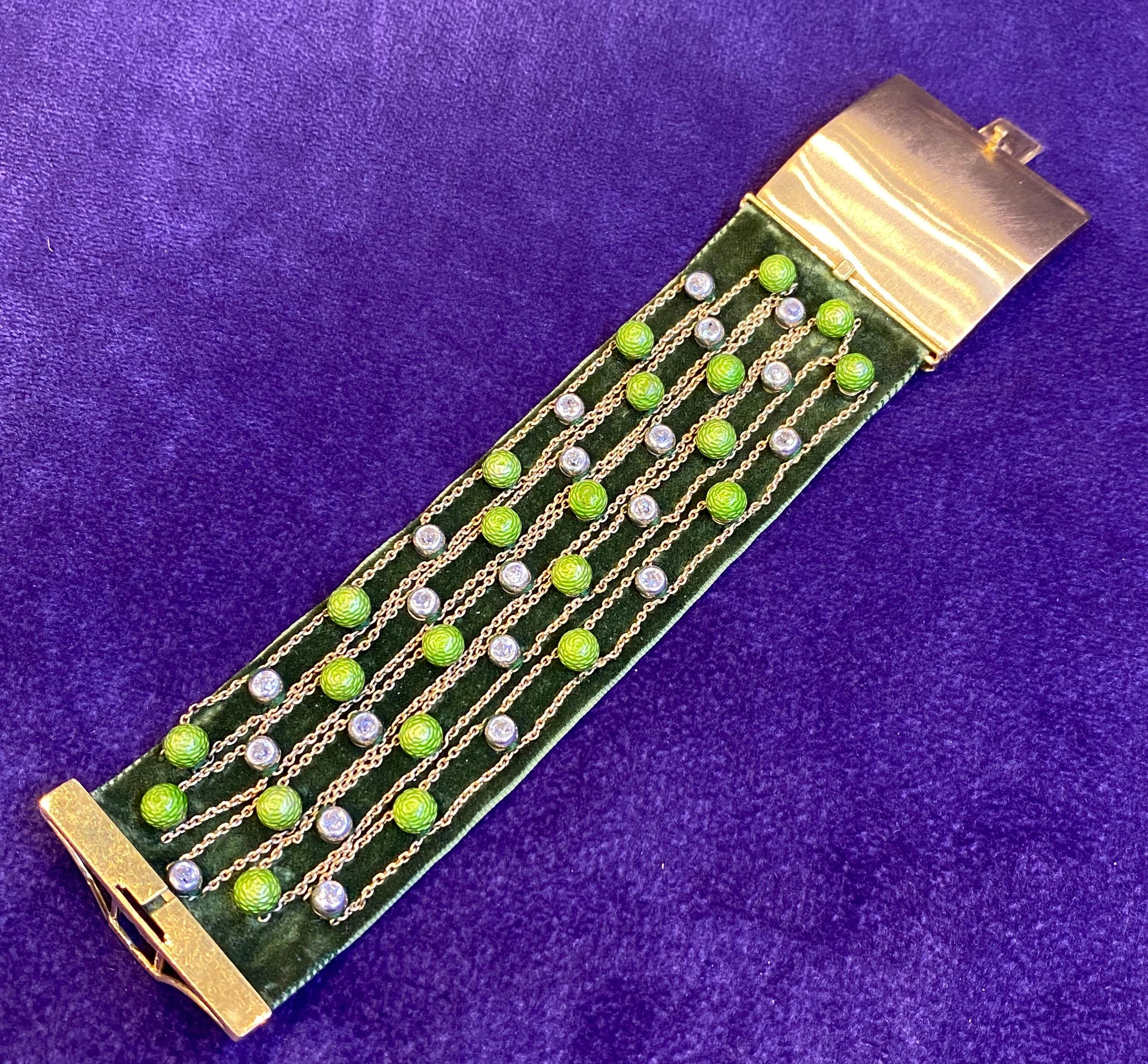 Highly Unusual Green Enamel and Diamond on Silk Bracelet by Cartier Paris For Sale 1