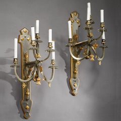 Pair Large Antique French Gothic Style Steel and Gilt Bronze 5-Light Sconces