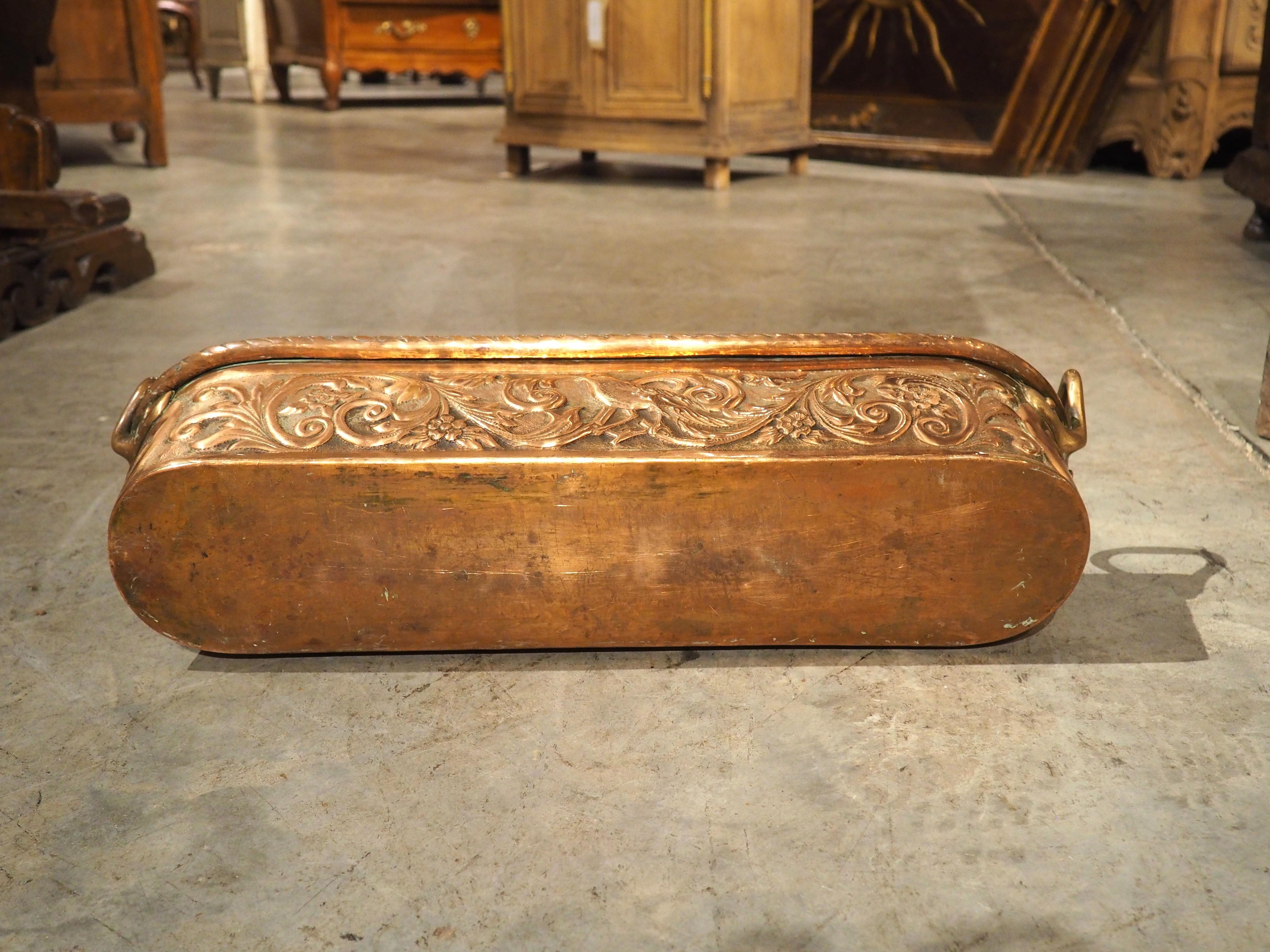 Hammered Highly Worked 19th C. French Copper Fish Poacher with Bird and Foliate Decor