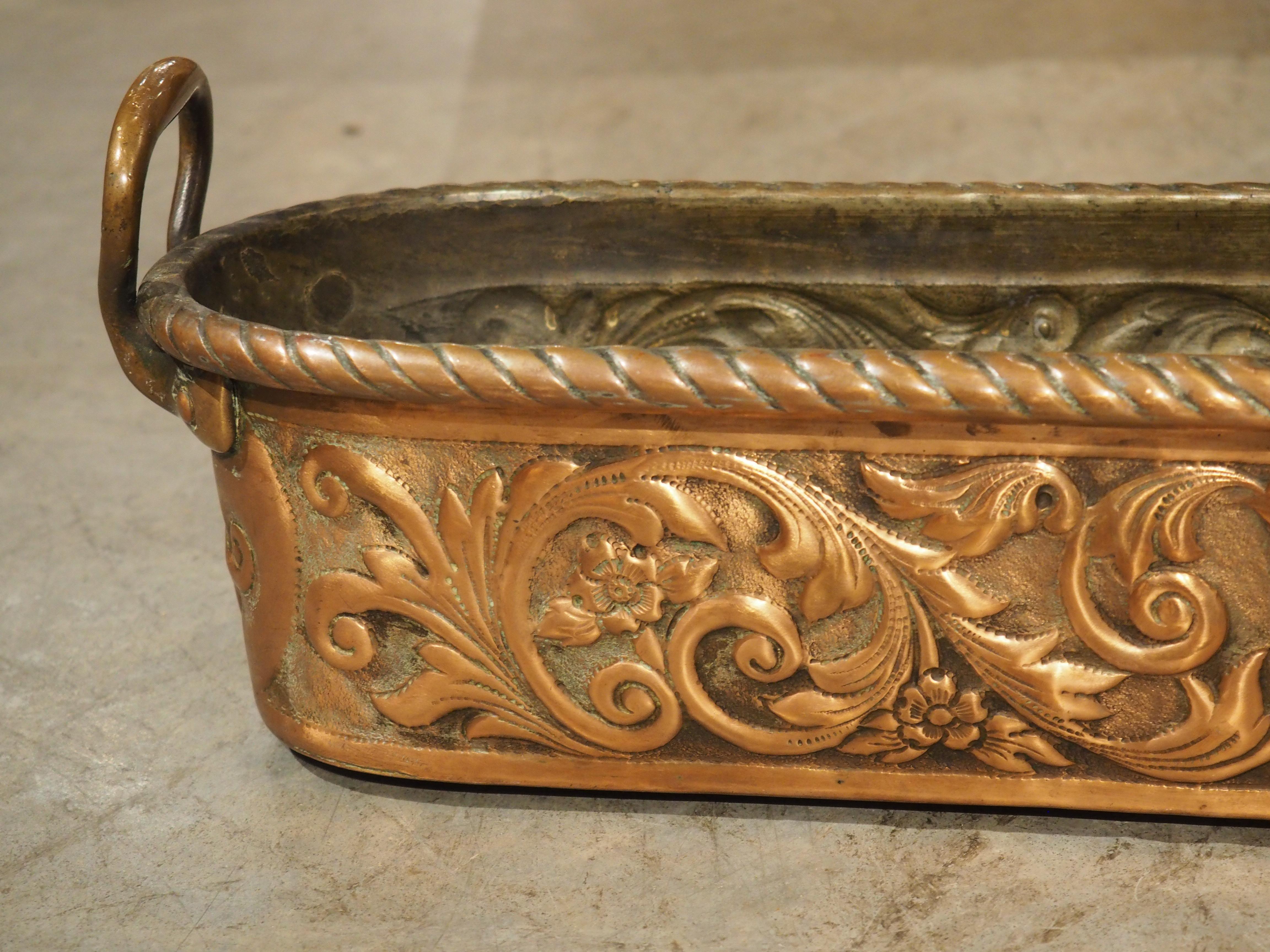 Metal Highly Worked 19th C. French Copper Fish Poacher with Bird and Foliate Decor