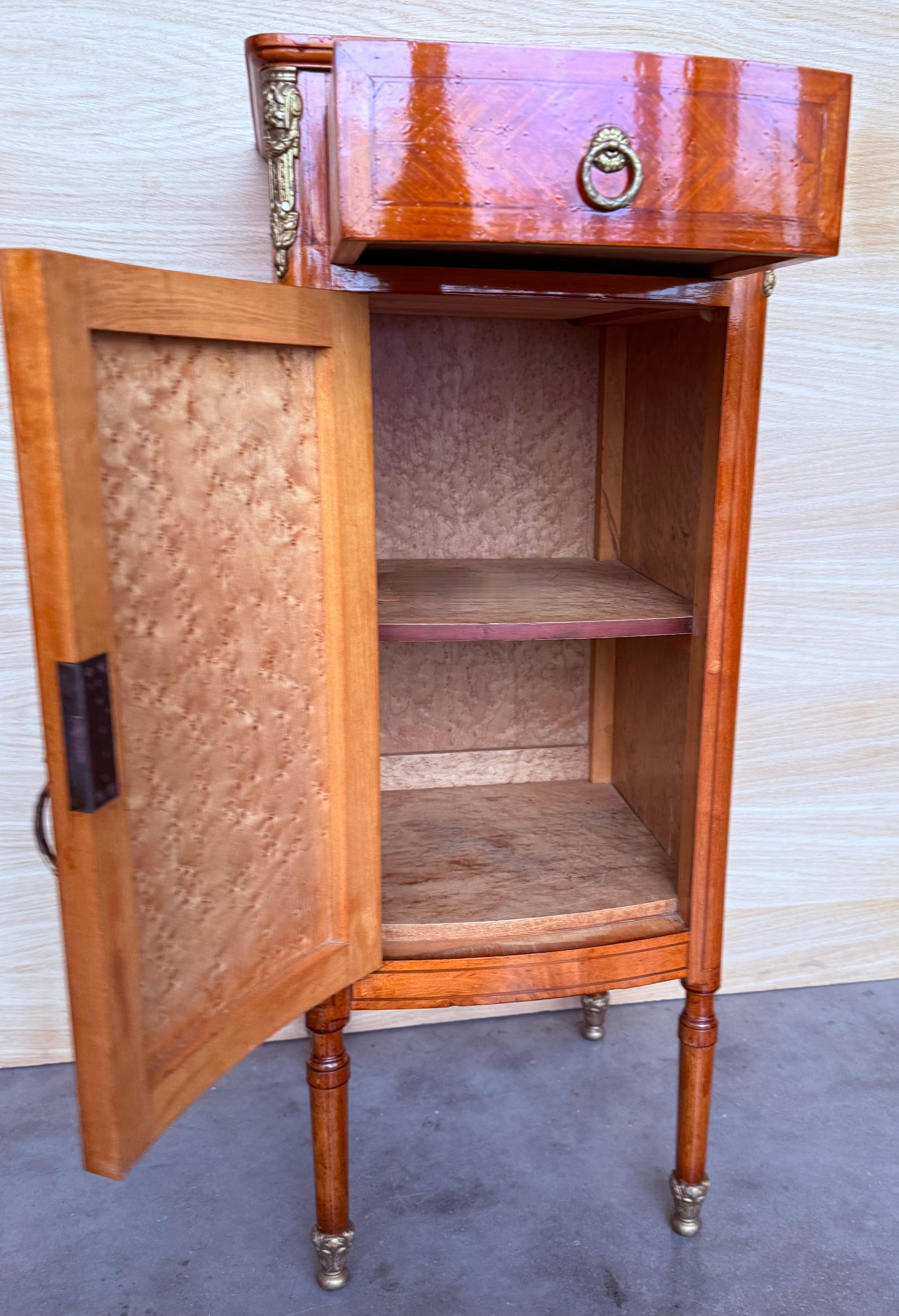Hight Tall Narrow French Marquetry Nightstands with drawer and door in Burl Oak For Sale 6