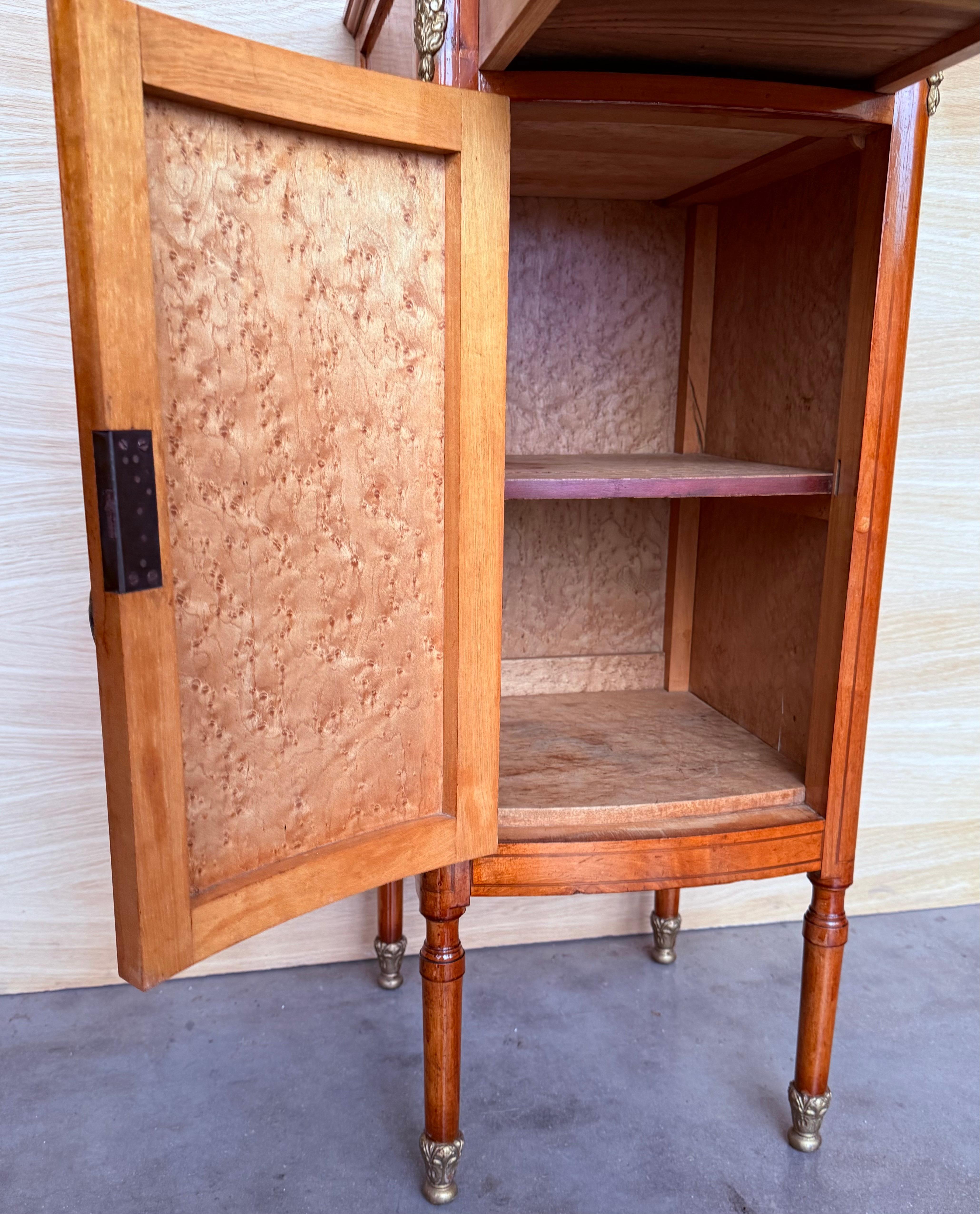 Hight Tall Narrow French Marquetry Nightstands with drawer and door in Burl Oak For Sale 7