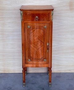 Hight Tall Narrow French Marquetry Nightstands with drawer and door in Burl Oak