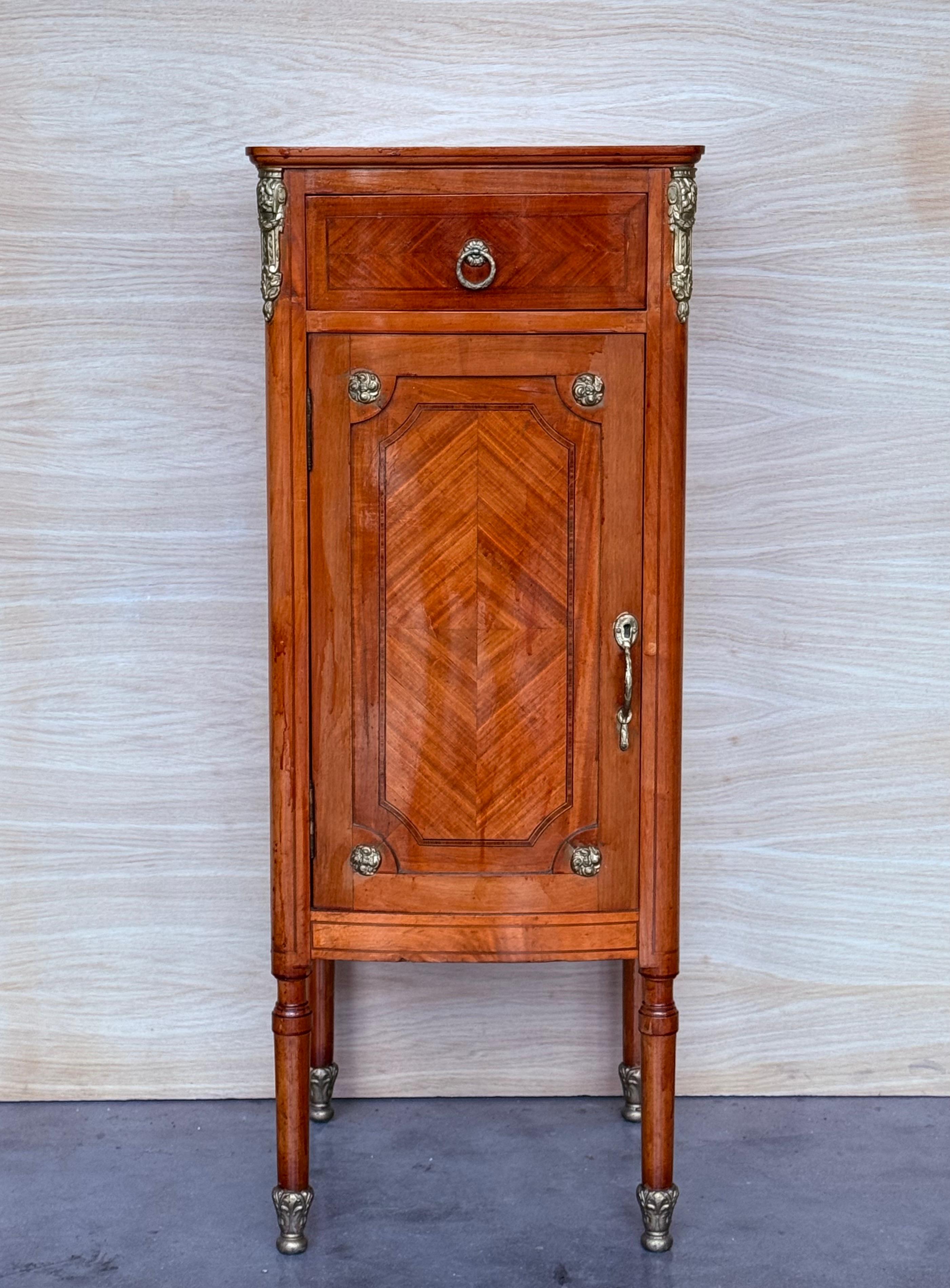 Louis XVI Hight Tall Narrow French Marquetry Nightstands with drawer and door in Burl Oak For Sale