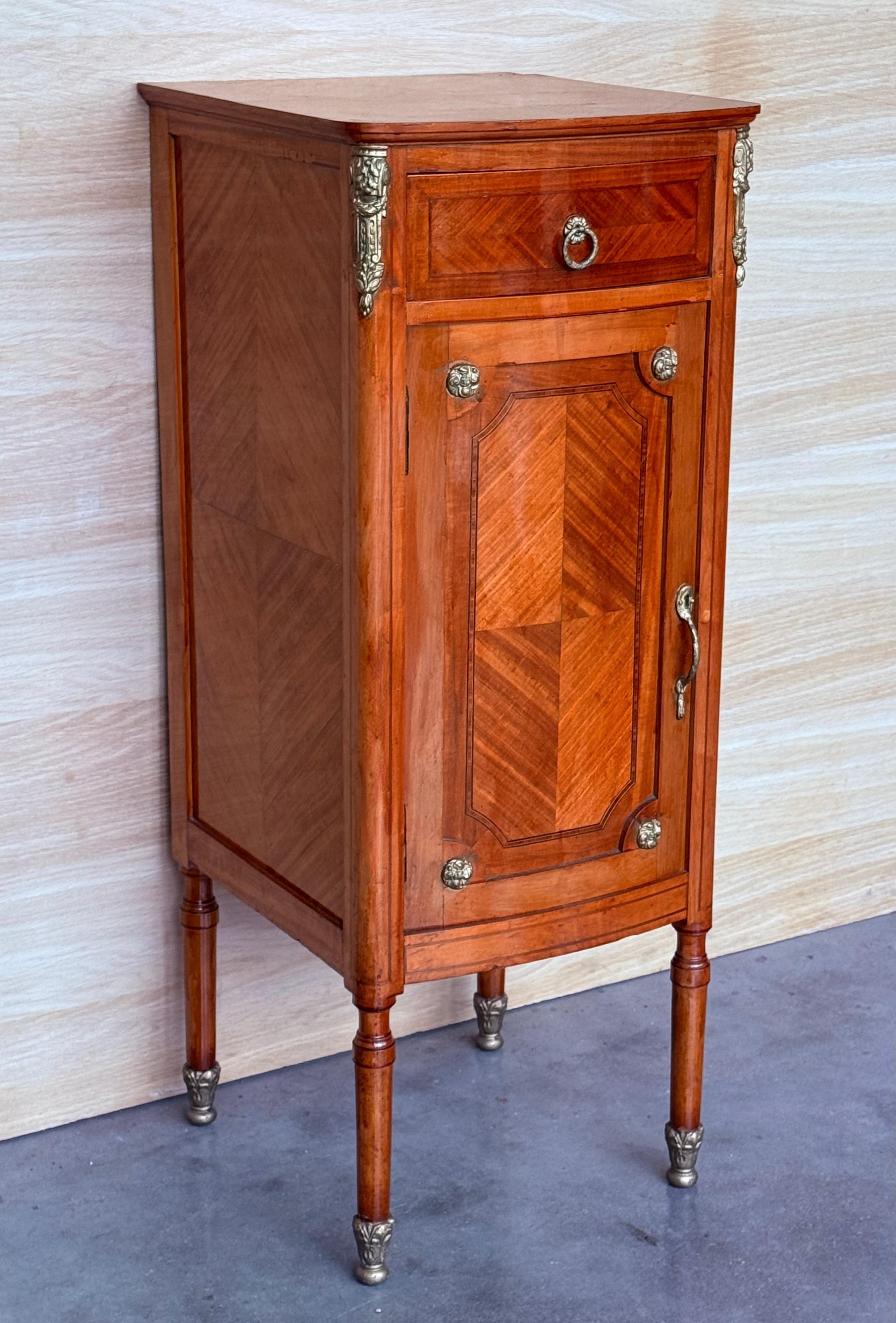 20th Century Hight Tall Narrow French Marquetry Nightstands with drawer and door in Burl Oak For Sale