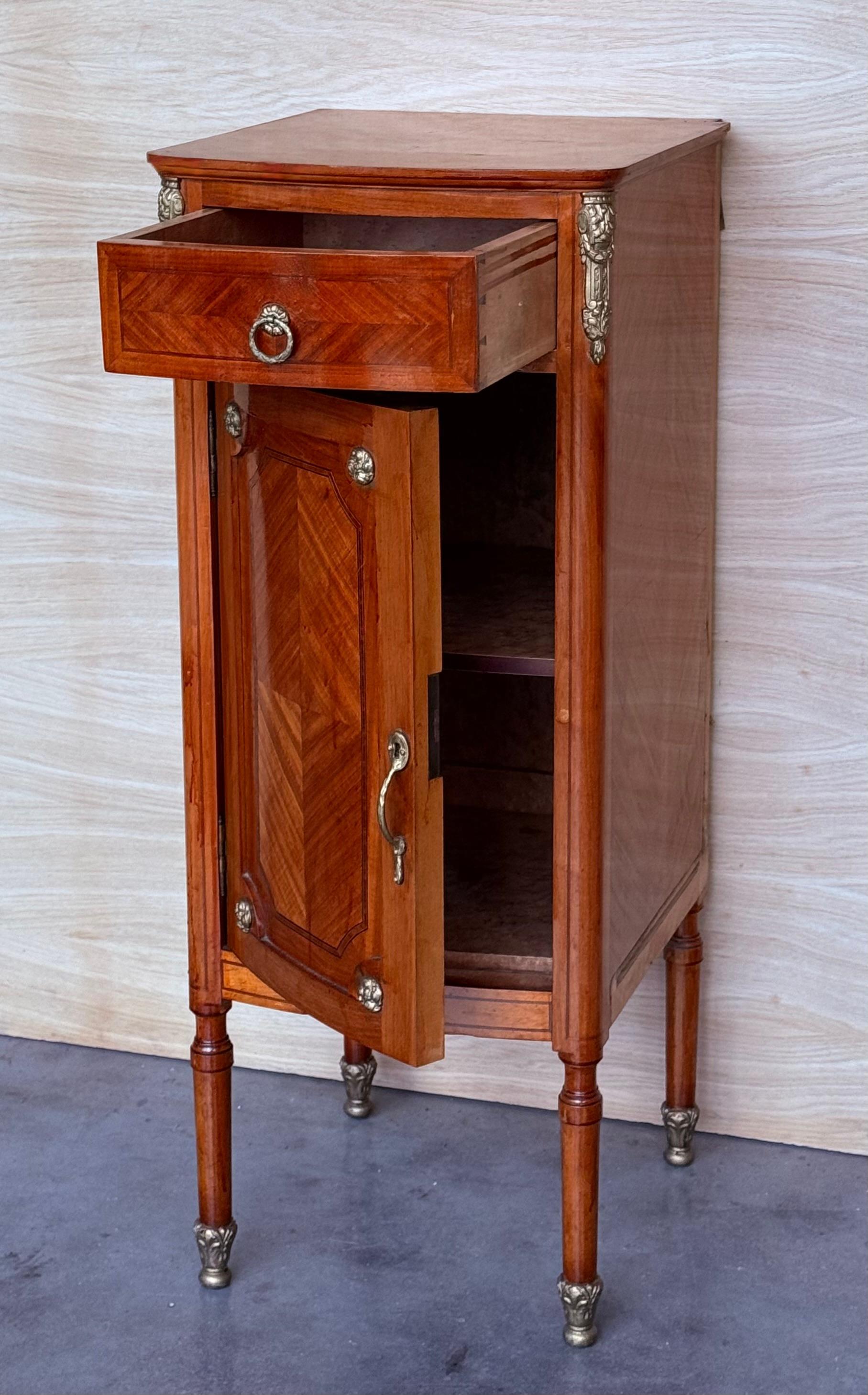 Hight Tall Narrow French Marquetry Nightstands with drawer and door in Burl Oak For Sale 1