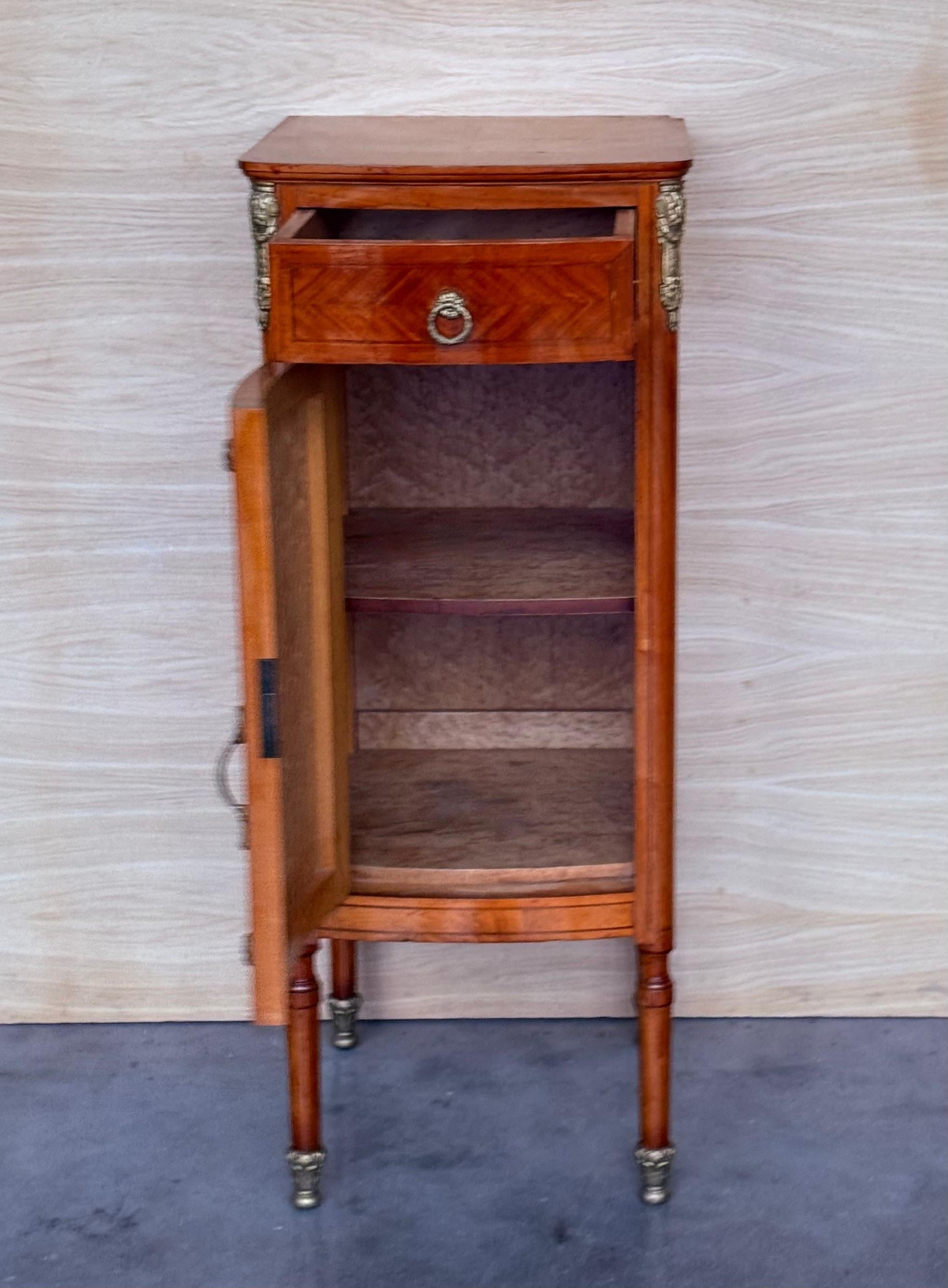 Hight Tall Narrow French Marquetry Nightstands with drawer and door in Burl Oak For Sale 2