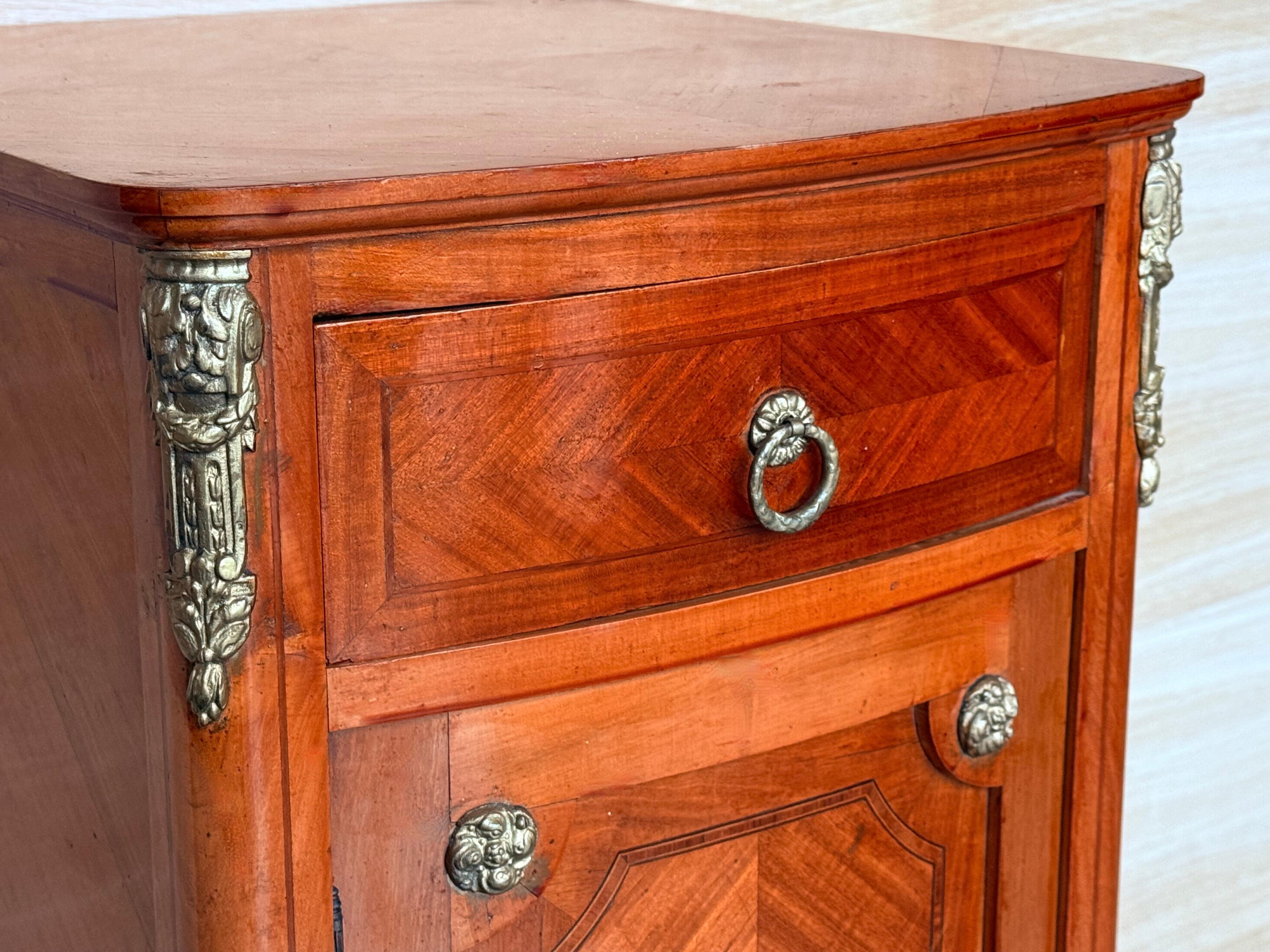 Hight Tall Narrow French Marquetry Nightstands with drawer and door in Burl Oak For Sale 3