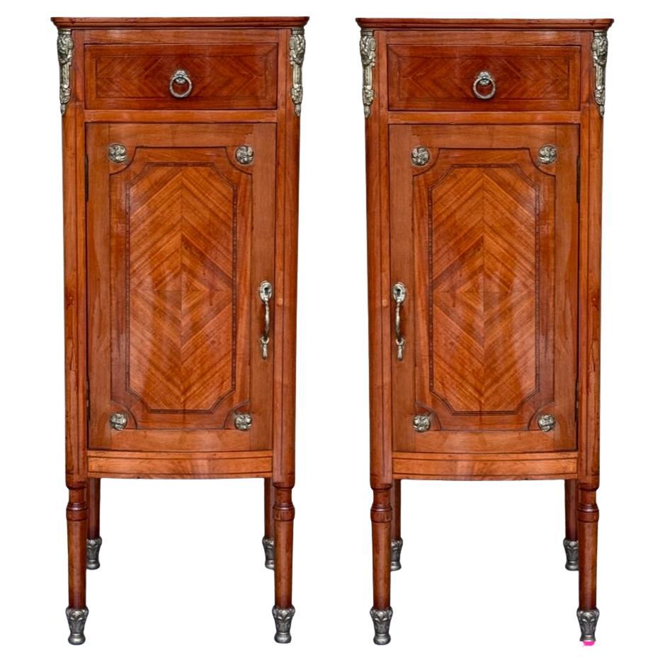 Hight Tall Narrow French Marquetry Nightstands with drawer and door in Burl Oak