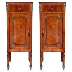 Hight Tall Narrow French Marquetry Nightstands with drawer and door in Burl Oak