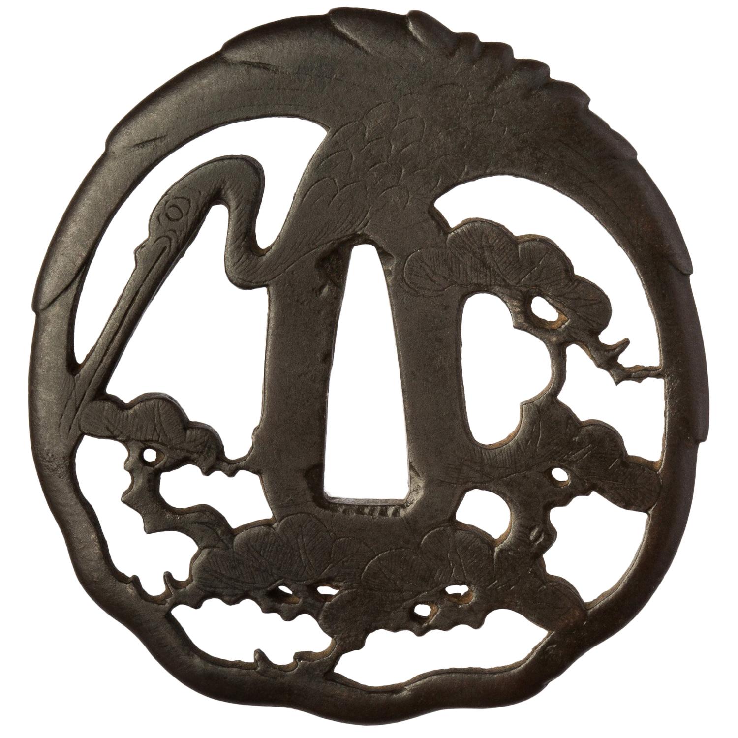Higo Nishigaki Tsuba with Tsuru and Pines Trees, 18th Century