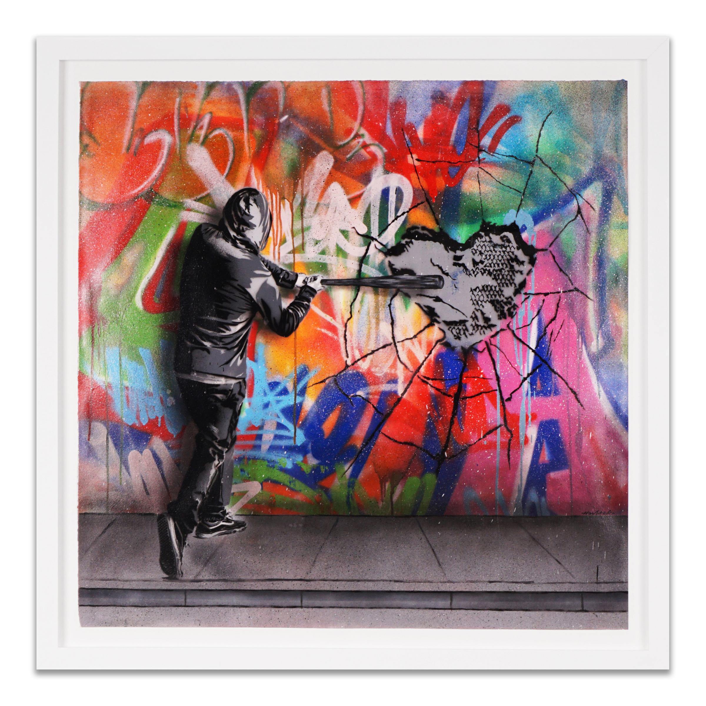 The brightly saturated graffiti style 'Breaking Heart' painting on paper by Hijack is a unique acrylic, stencil, and spray paint work created in 2021. This powerful work possesses a 3D effect with vibrant details and high contras elements. Acrylic