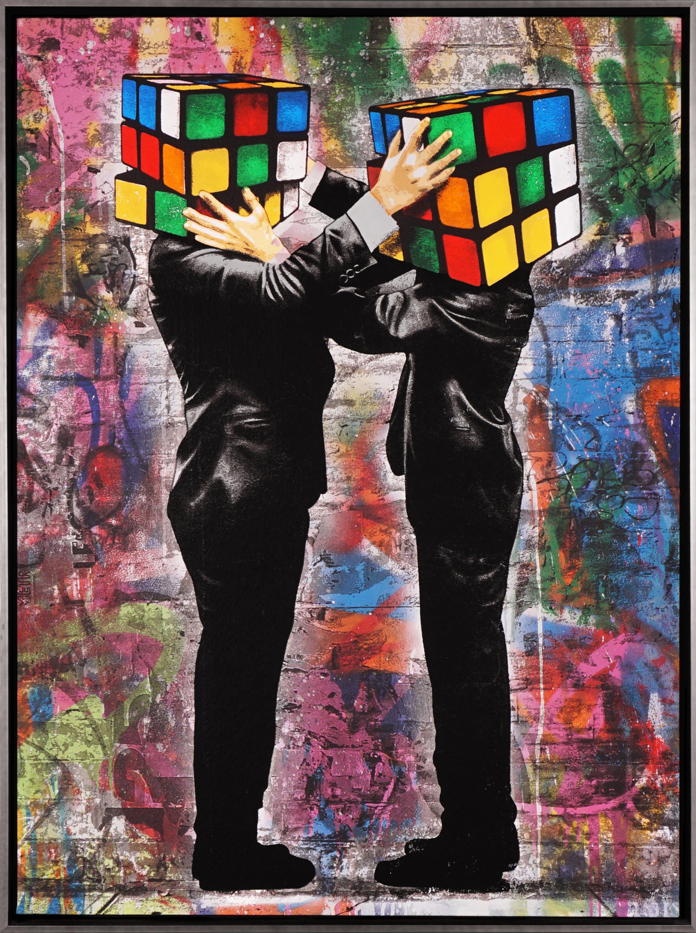 'Puzzled II' by Hijack is a silkscreen and mixed media work on canvas, created in 2020. Signed by the Artist, this work possesses striking subject matter and the street-style flair Hijack has become well-known for. ‘Puzzled II’ comes in a