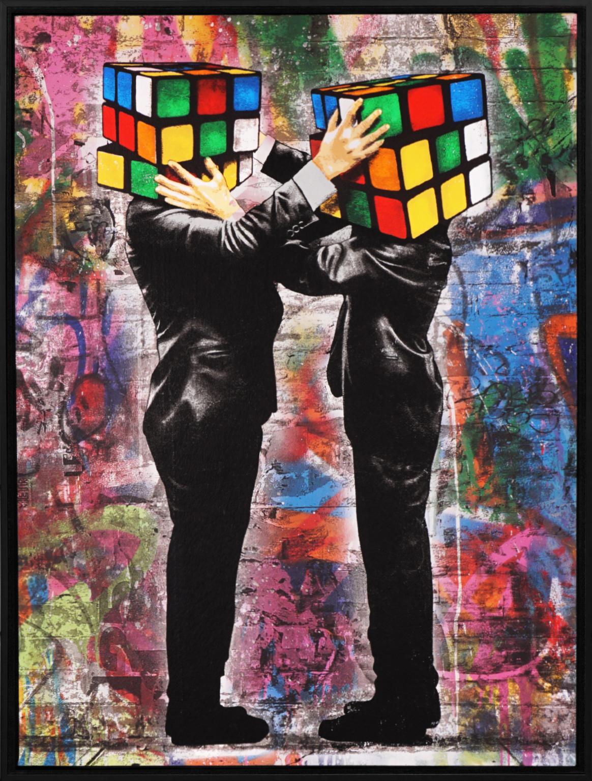 'Puzzled IV' by Hijack is a silkscreen and mixed media work on canvas, created in 2020. Signed by the Artist, this work possesses striking subject matter and the street-style flair Hijack has become well-known for. ‘Puzzled IV’ comes in a custom