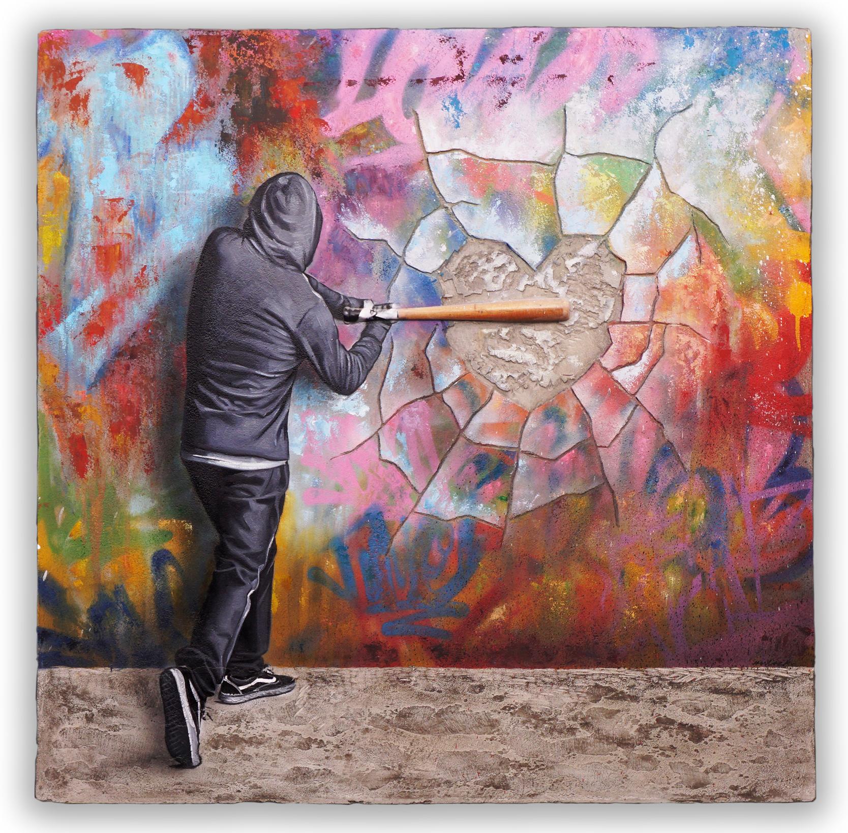 The 'Untitled' by Hijack is a unique mixed media work on canvas, created in 2020. Signed by the Artist on the lower front and on verso. This powerful work possesses a 3D baseball bat, utilizes concrete texture, and multi-layer paint to create depth.