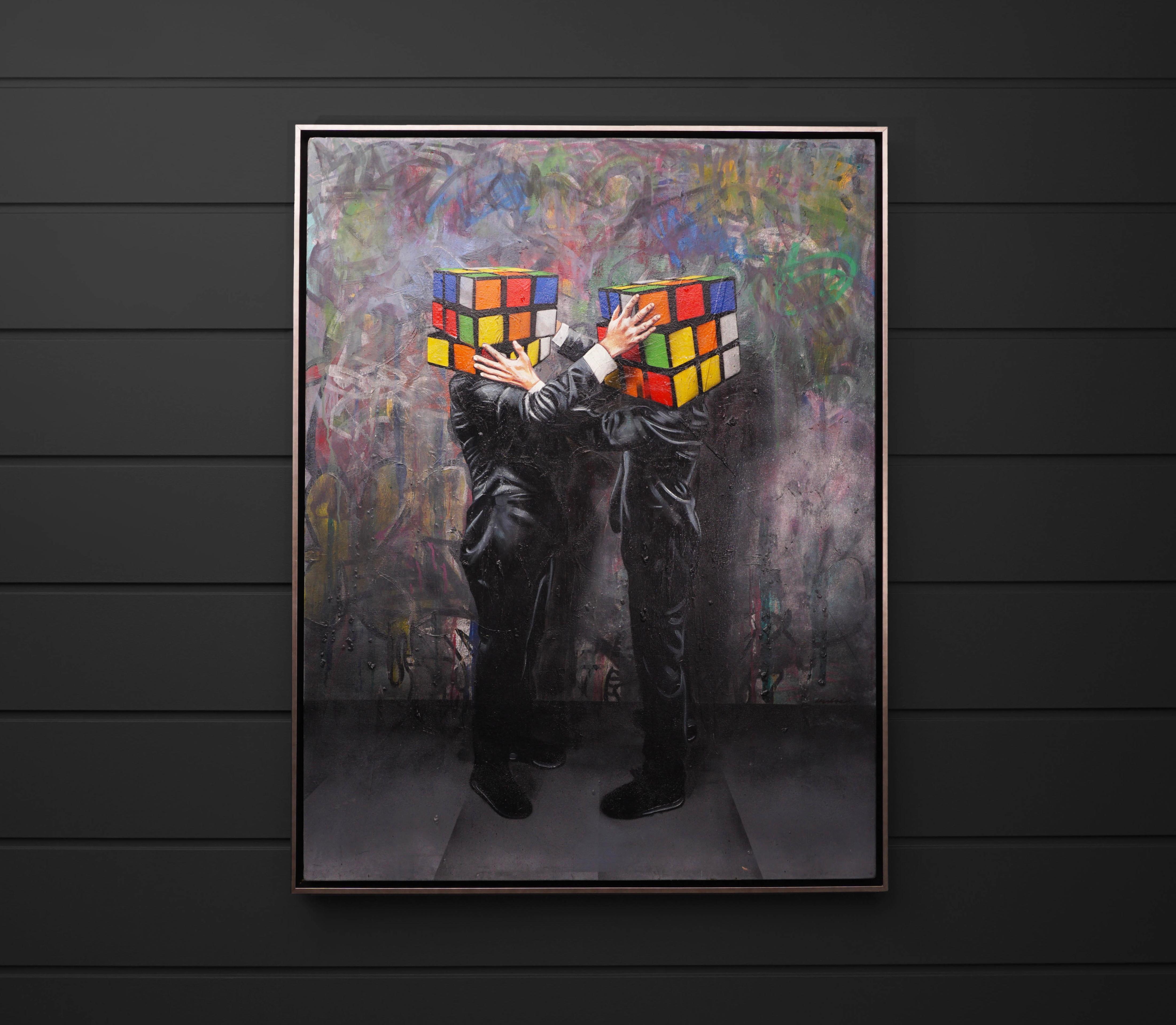 'Puzzled' by Hijack is a unique oil painting on canvas, created in 2019. Signed by the Artist on the lower front and on verso, this original work possesses incredible visual depth and striking subject matter. ‘Puzzled’ comes in a thin brushed steel