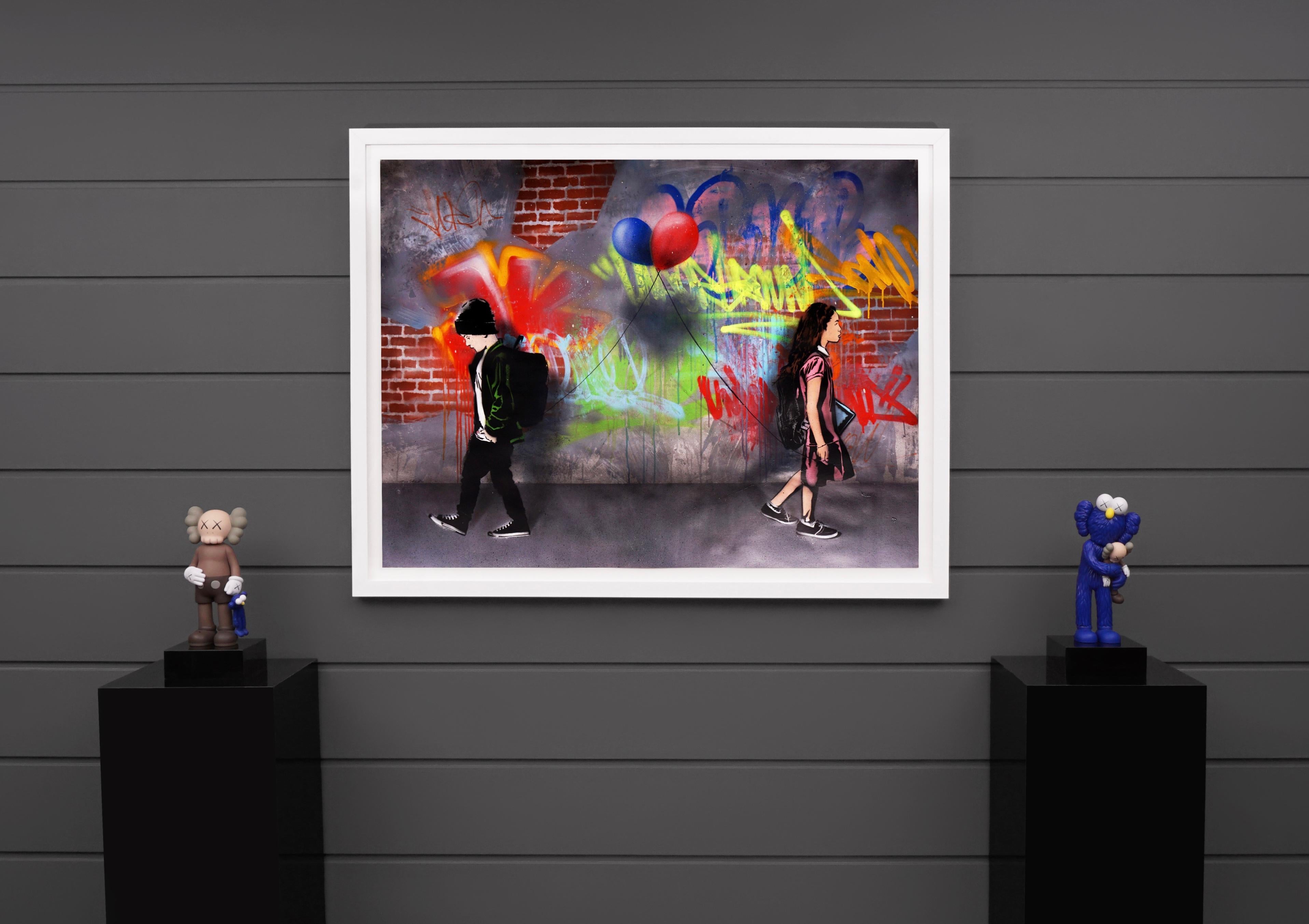The street pop-art ‘Static Love with Balloons’ is an acrylic, stencil, and mixed media painting on paper by the contemporary street-artist prodigy, Hijack, created in 2021. A saturated cultural commentary on connection regardless of age, gender, or
