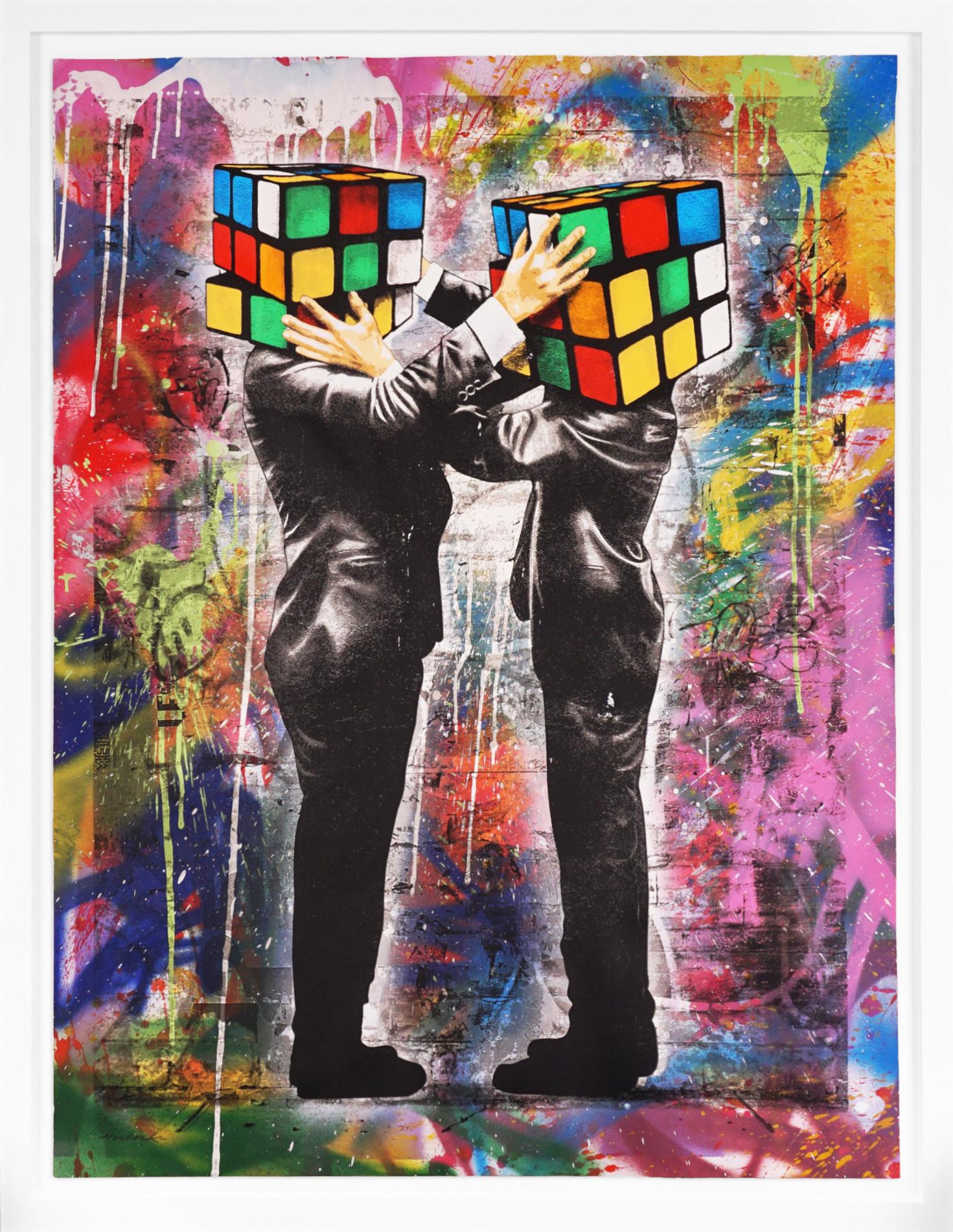The bright pop-art ‘Puzzled III' is a unique stencil, silkscreen, painting on paper by contemporary art prodigy and street-artist, Hijack. The street pop-art piece reflects the political and cultural divide in today’s society with vivid primary