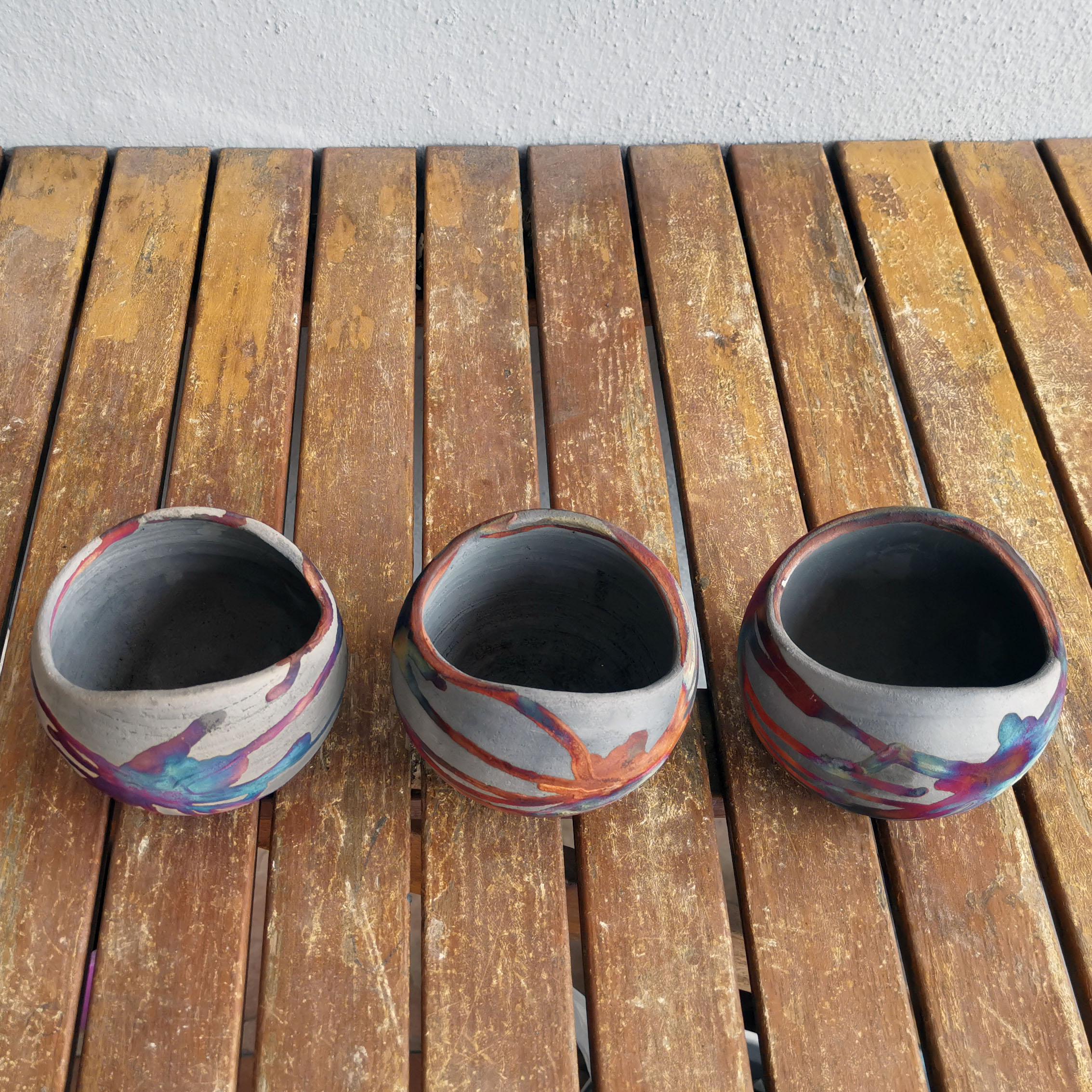 Modern Hikari 3 Pack Raku Pottery Vase - Carbon Copper - Handmade Ceramic Home Decor For Sale