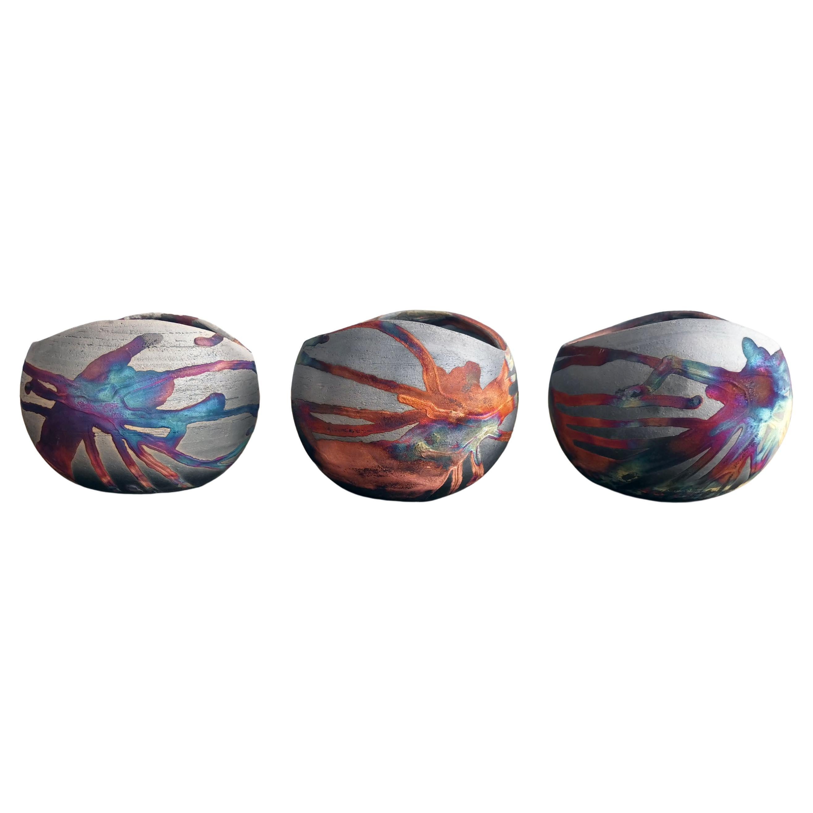 Hikari 3 Pack Vaso in ceramica Raku - Rame al carbonio - Decorazione per la casa in ceramica fatta a mano