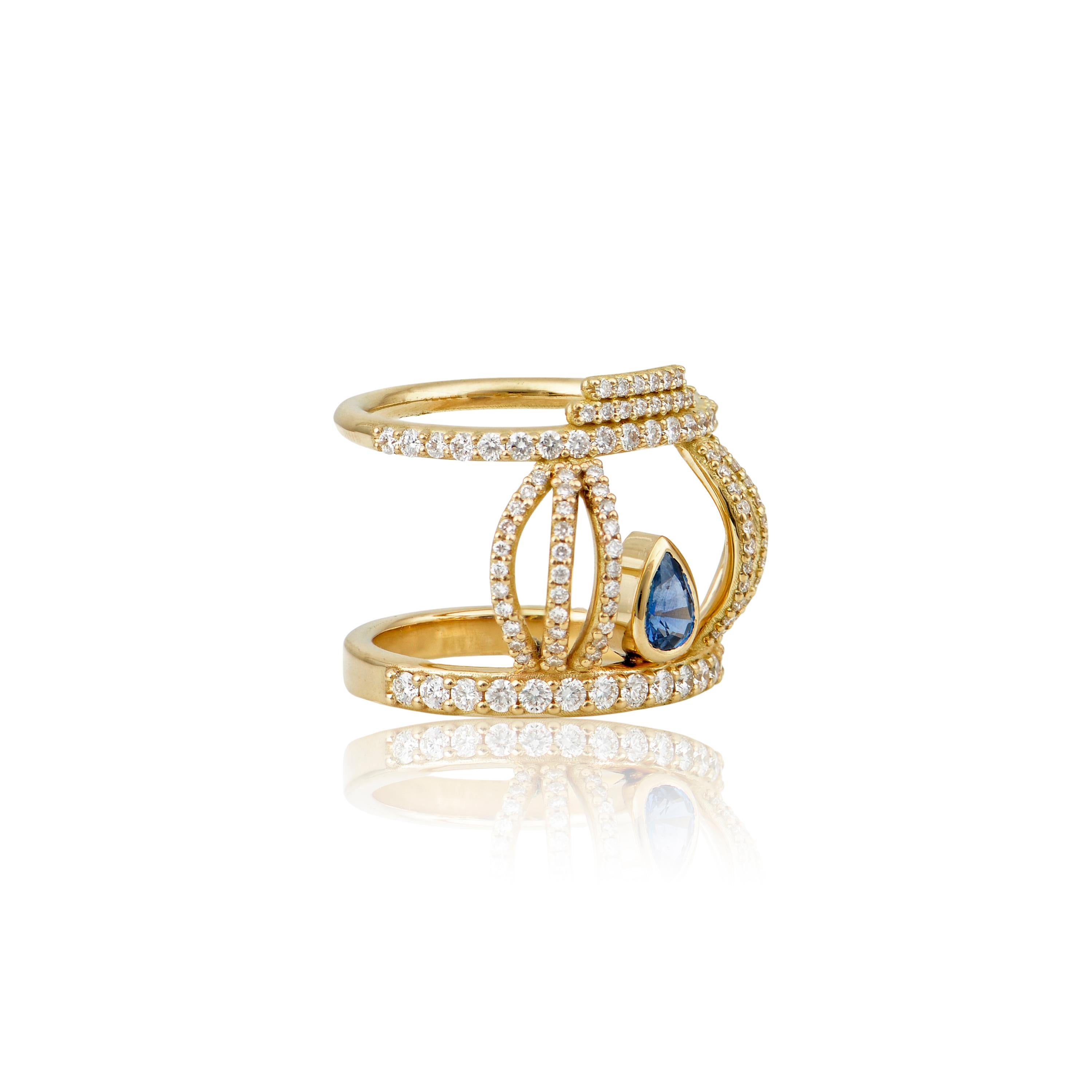 Contemporary Hikari Ring in 18 Karat Yellow Gold with Diamonds And A Sapphire For Sale