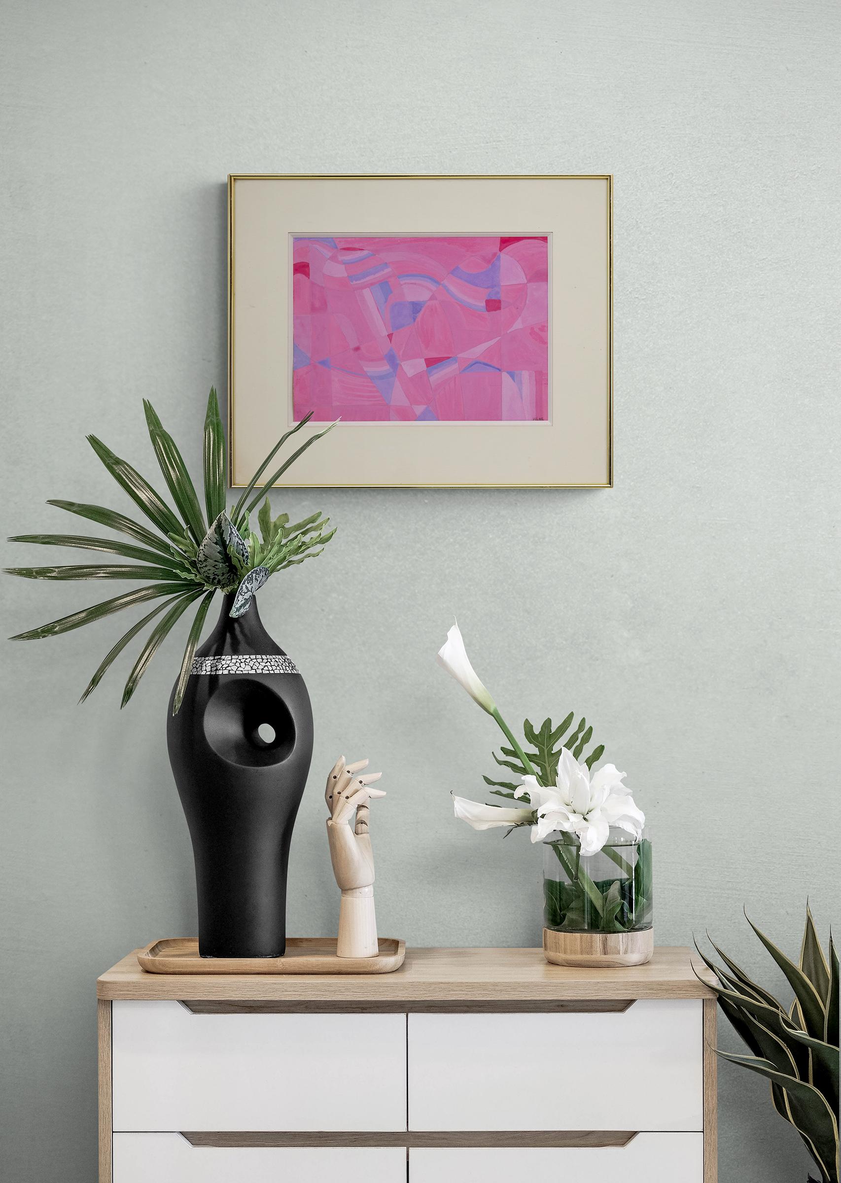 Studio rosa, pittura astratta a tecnica mista rosa e blu, metà del secolo scorso - Mixed Media Art Astratto di Hilaire Hiler