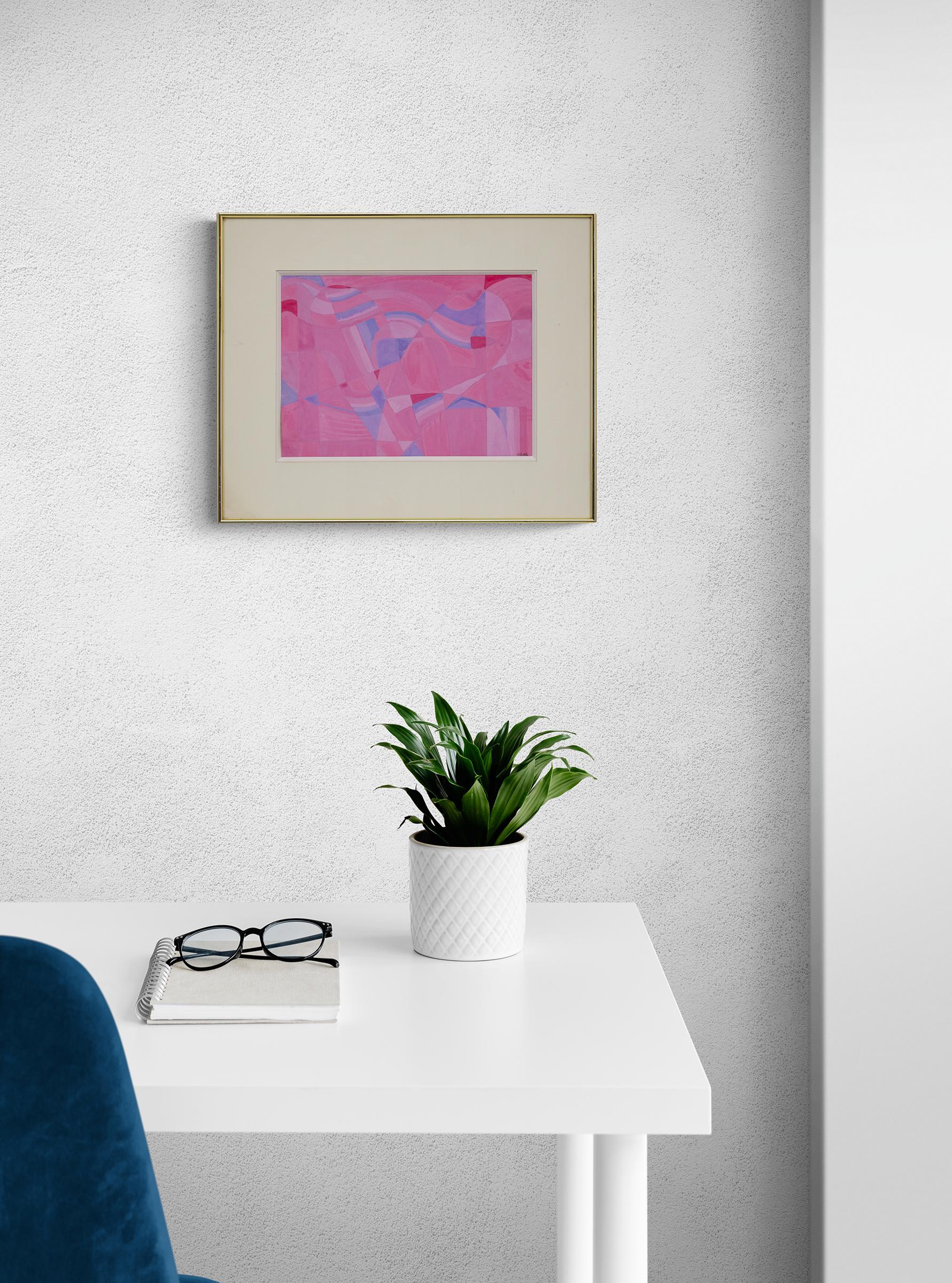 Pink Study, 1960s Abstract Painting in Pink & Blue, Mid Century Modern  For Sale 3