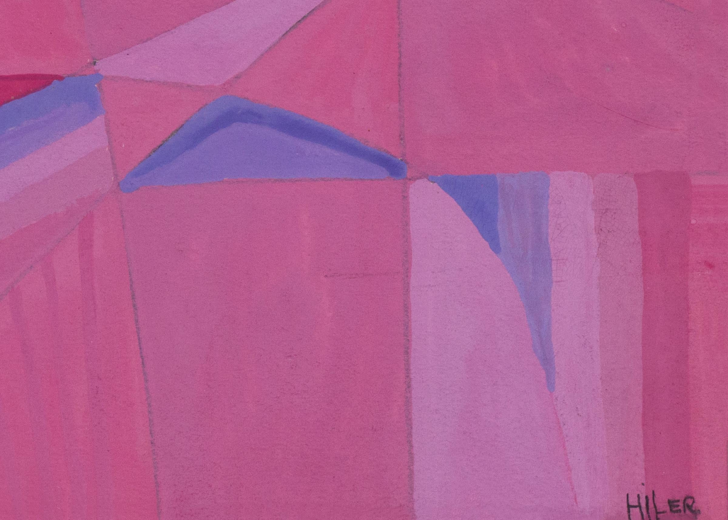 Hilaire Hiler (1898-1966) original vintage 1960 abstract painting (structuralism), mid-20th century New Mexico artist, signed lower right and painted in tones of pink and blue.  Framed dimensions measure 15 ½ x 18 ¾ inches. Image size is 14 x 17 ½